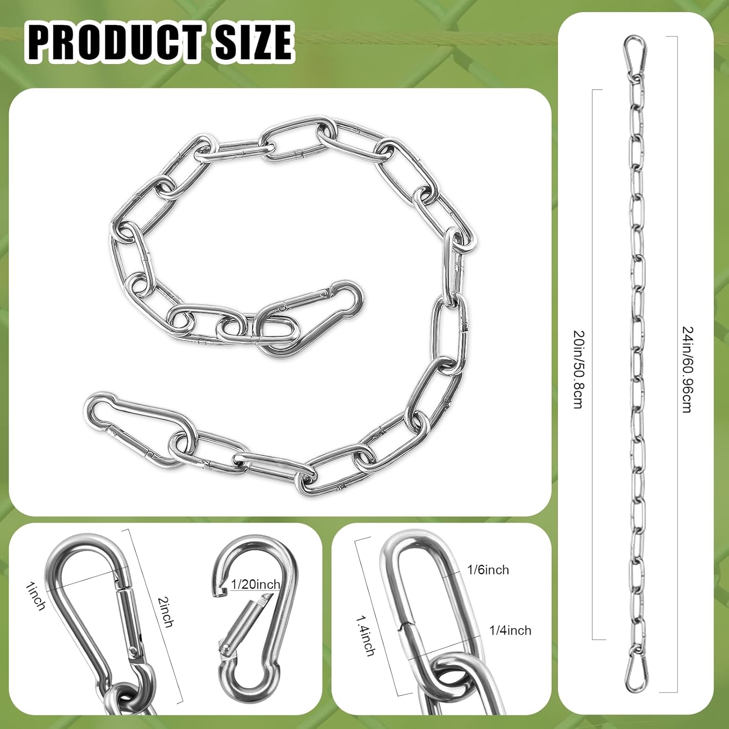 Gate Chain Lock,Stainless Steel Link Chains with Both-Ended Carabiner, Heavy Duty Adjustable Barn Chain for Livestock Gate, Outdoor Fence, Pet Cage, Garden Yard Farm(20inch,Silver,6 Pack)