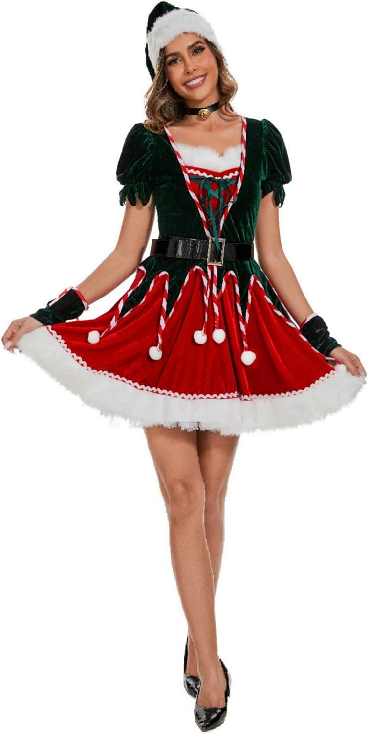 Women's 6 PCS Mrs Claus Santa Dress Christmas Costume Santa Outfit Cosplay - Image 4