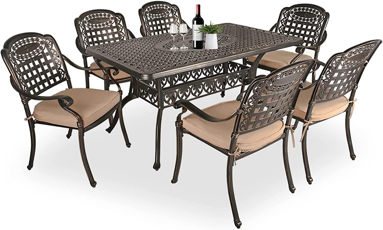 Yulan 7-Piece Outdoor Furniture Dining Set, All-Weather Cast Aluminum Patio Conversation Set, Include 6 Chairs and a Rectangle Table with Umbrella Hole for Balcony Lawn Garden Backyard (A) 609