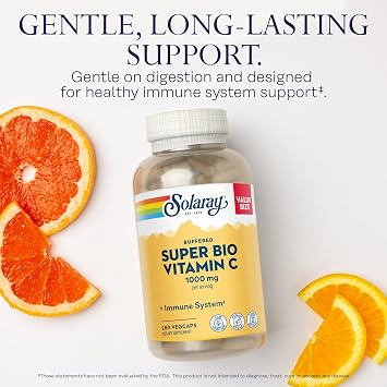 Solaray Super Bio Buffered Vitamin C 1000mg, Two-Stage, Timed Release Vitamin C with Bioflavonoids, Immune Support Supplement - High Absorption, Vegan, 180 Servings, 360 VegCaps 140