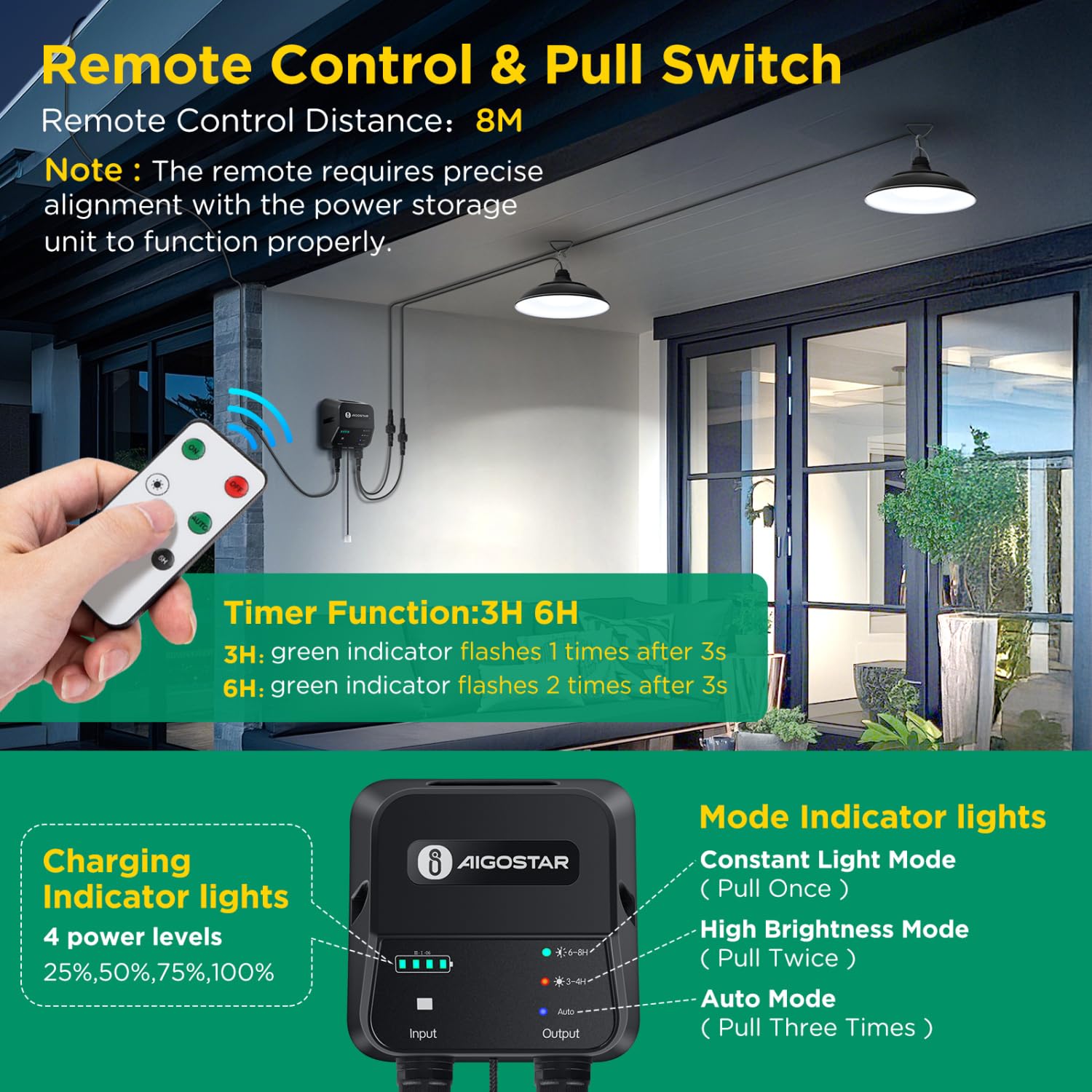 Aigostar - Luz solar exterior con mando a distancia y cuerda de tracción，cable de 11 m，batería de gran capacidad de 6000 mAh，IP65.Luz solar para interior/exterior，jardín，camping，2 lámparas