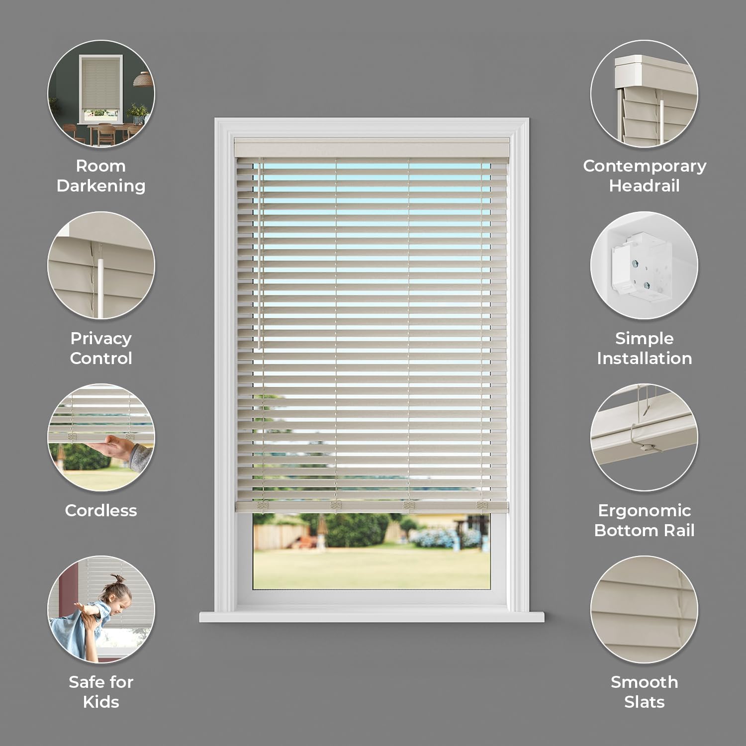 Lumino - 2" Cordless Smooth Slat Faux Wood Window Blinds for Home - 18" W x 48" L - Gray, Faux Wood Blinds for Indoor Windows, Room Darkening Blinds with Contemporary Valance