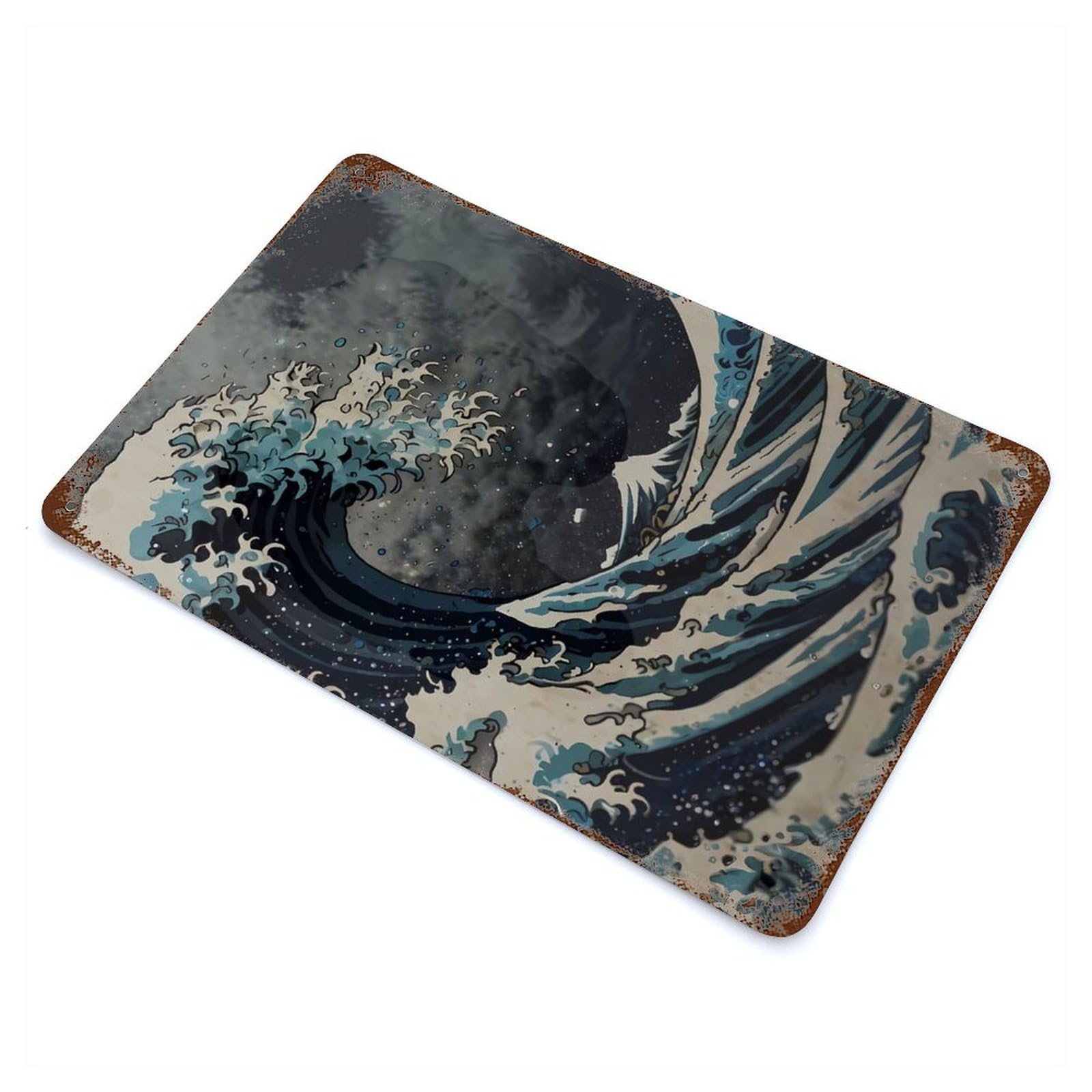 Distressed Metal Wall Sign with Kanagawa Great Wave Design 11.8"x7.9", for Living Room, Hallway And Home Decor, Vintage Wall Decor