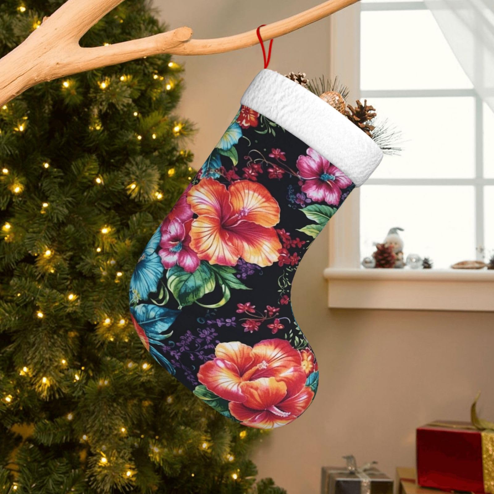 Velvet Christmas Stockings 17.7 Inch, Beautiful Hibiscus Flower Xmas Stocking with Soft Cuff,Classic Personalized Christmas Tree Decoration for Family Holiday New Year Party Supplies