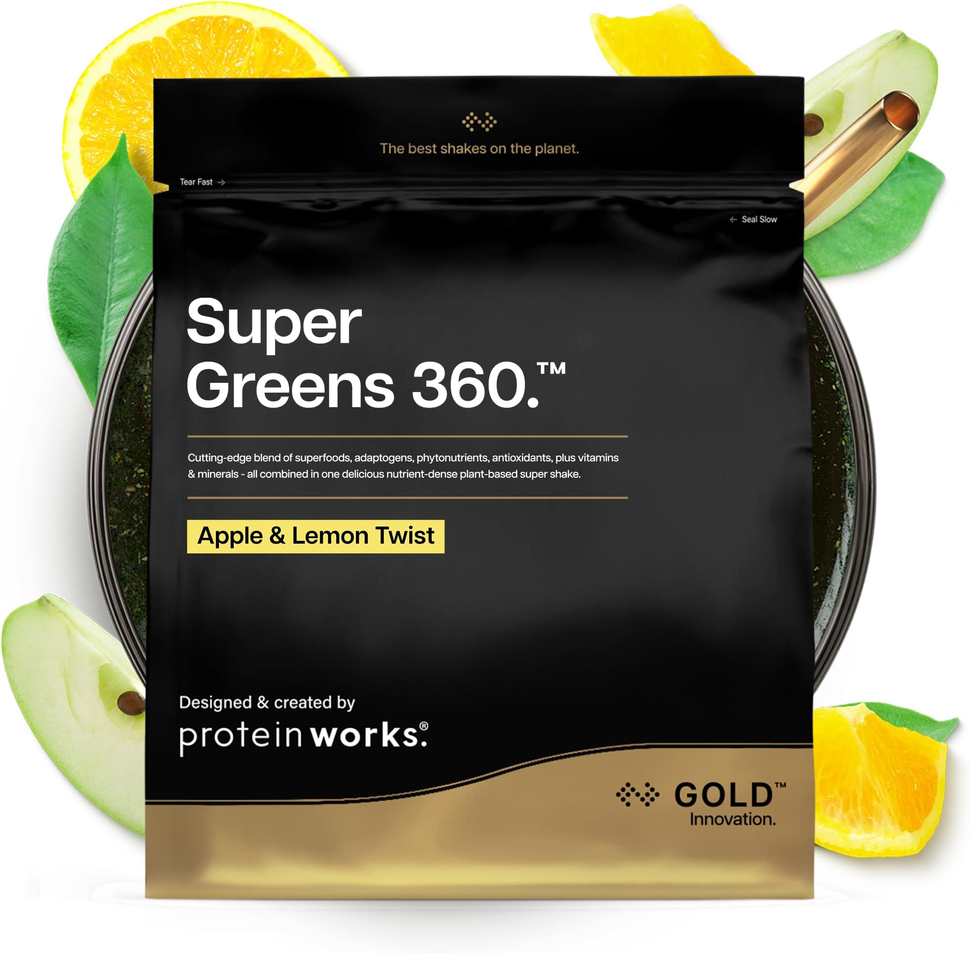 Protein Works | Super Greens 360 - Gold Innovation, Enhanced Greens Powder, 159 Health Benefits, Antioxidants, Superfoods, Adaptogens, Vegan, Apple & Lemon Twist, 41 Servings, 500g