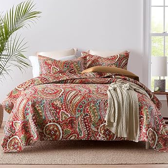 ENASAL Bedspread Cotton Duvet 240 x 260 cm Bed Throw 250 x 270 cm with Red Paisley Flower Pattern All-Year Duvet Quilted Blanket Quilt with 2 Pillowcases