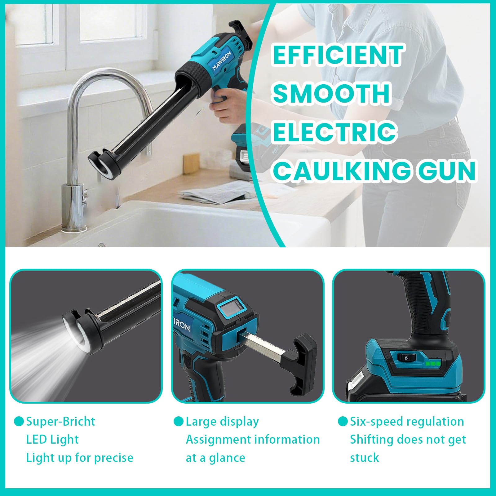 Prensa de cartuchos de batería, compatible con baterías Makita de 18 V, pistola de calafateo eléctrica con antigoteo, luz LED, 6 velocidades, pistola de silicona, batería para cartuchos de 300-310 ml