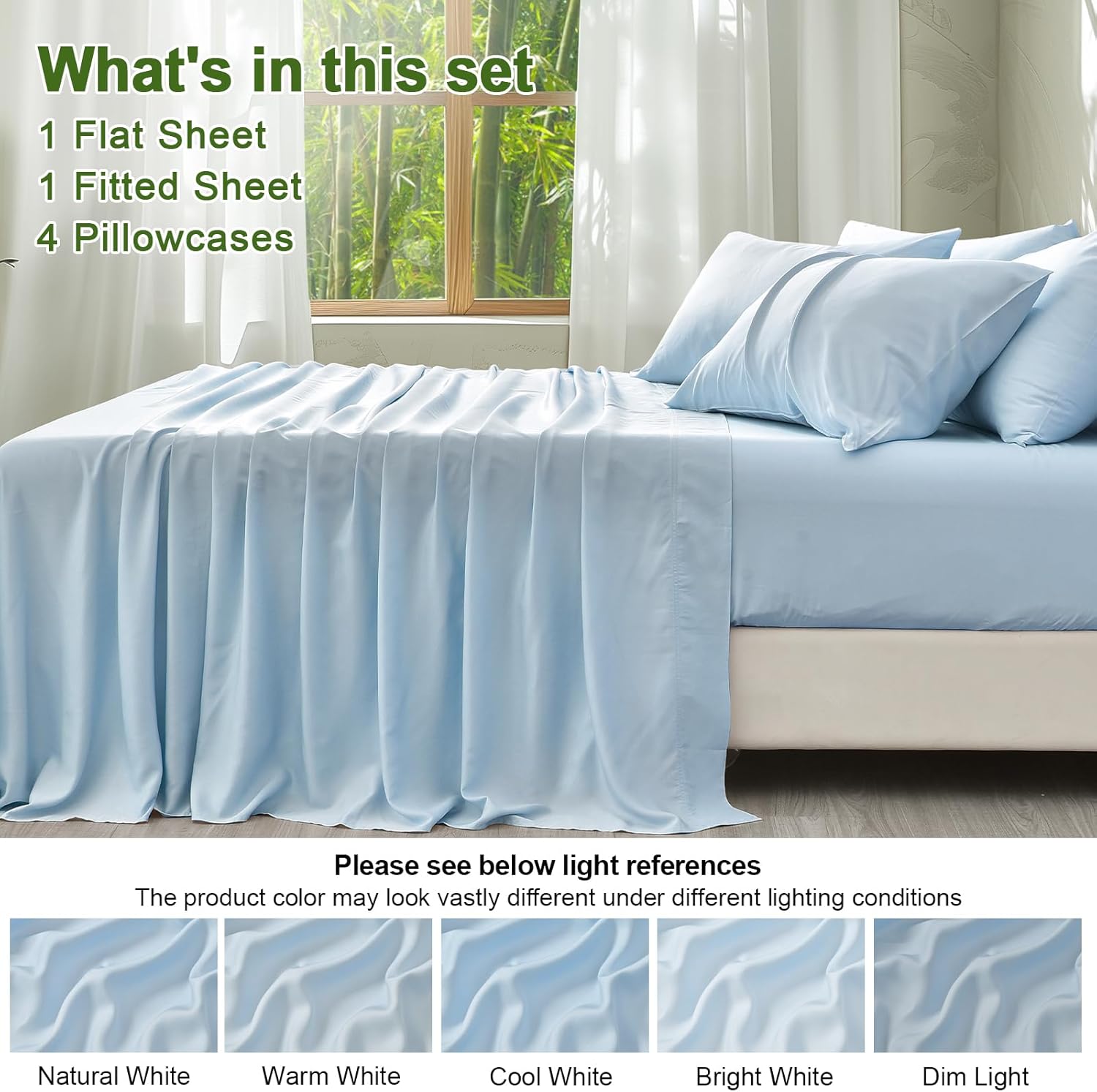 PHF 6PCS 100% Rayon Derived from Bamboo_ Sheets Set King Size, Cooling Sheets for Hot Sleepers, Wider Elastic Band & 16" Deep Pocket, Luxury Silky Soft Breathable Bedding Set & Pillowcase, Sky Blue