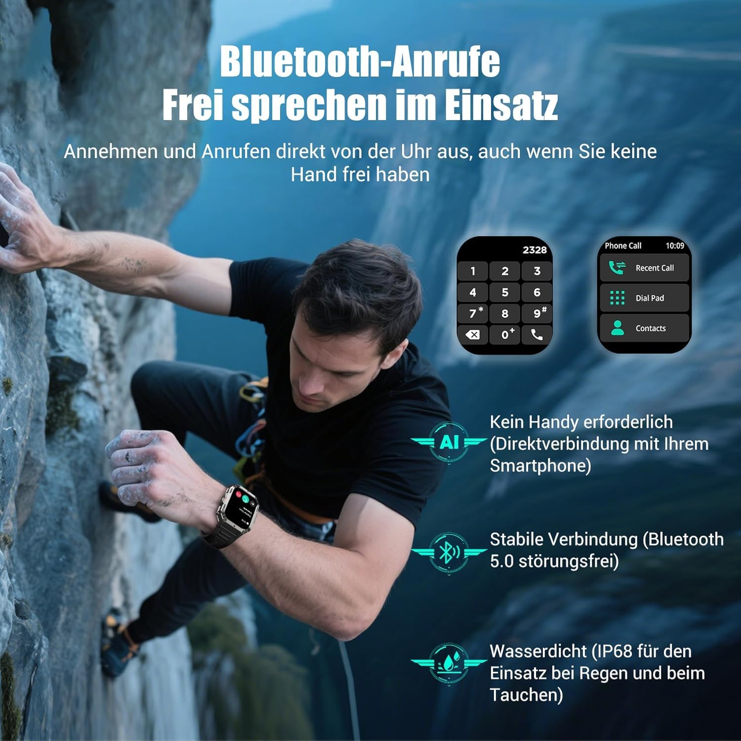 IOWODO Militär Smartwatch Herren,100 Tage Akku, LED Taschenlampe, Bluetooth-Anrufe, Kompass, 100+ Sportmodi, Herzfrequenz- & SPO₂-Monitor, IP68 Wasserdicht, Schlafüberwachung