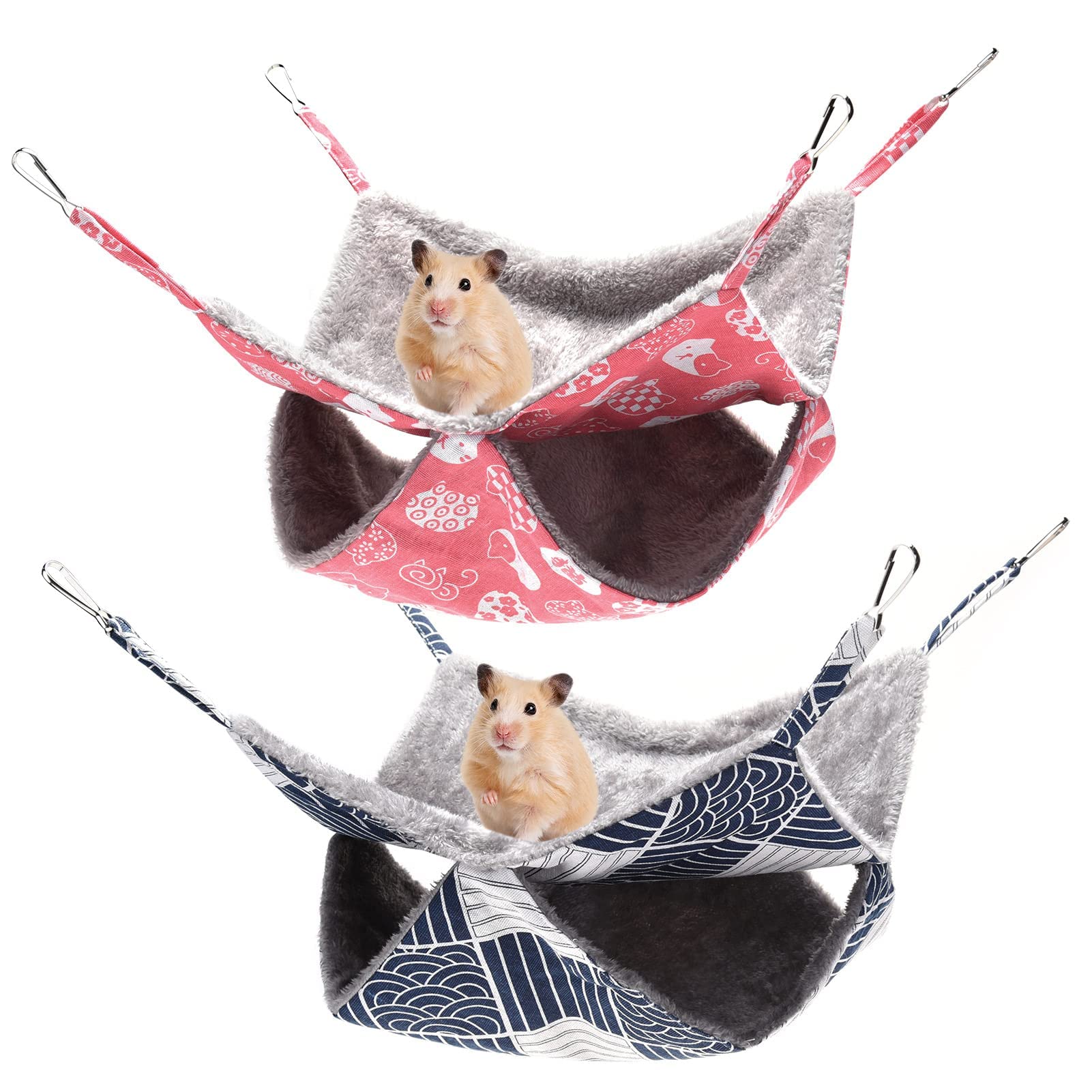 2 Pack Rat Hammocks for Cage, Double-Layer Hanging Bed for Small Animals Guinea Pig Cage Accessories Bedding, Warm Hammock for Parrot Ferret Squirrel Hamster Rat Playing Sleeping(Pink+Navy)