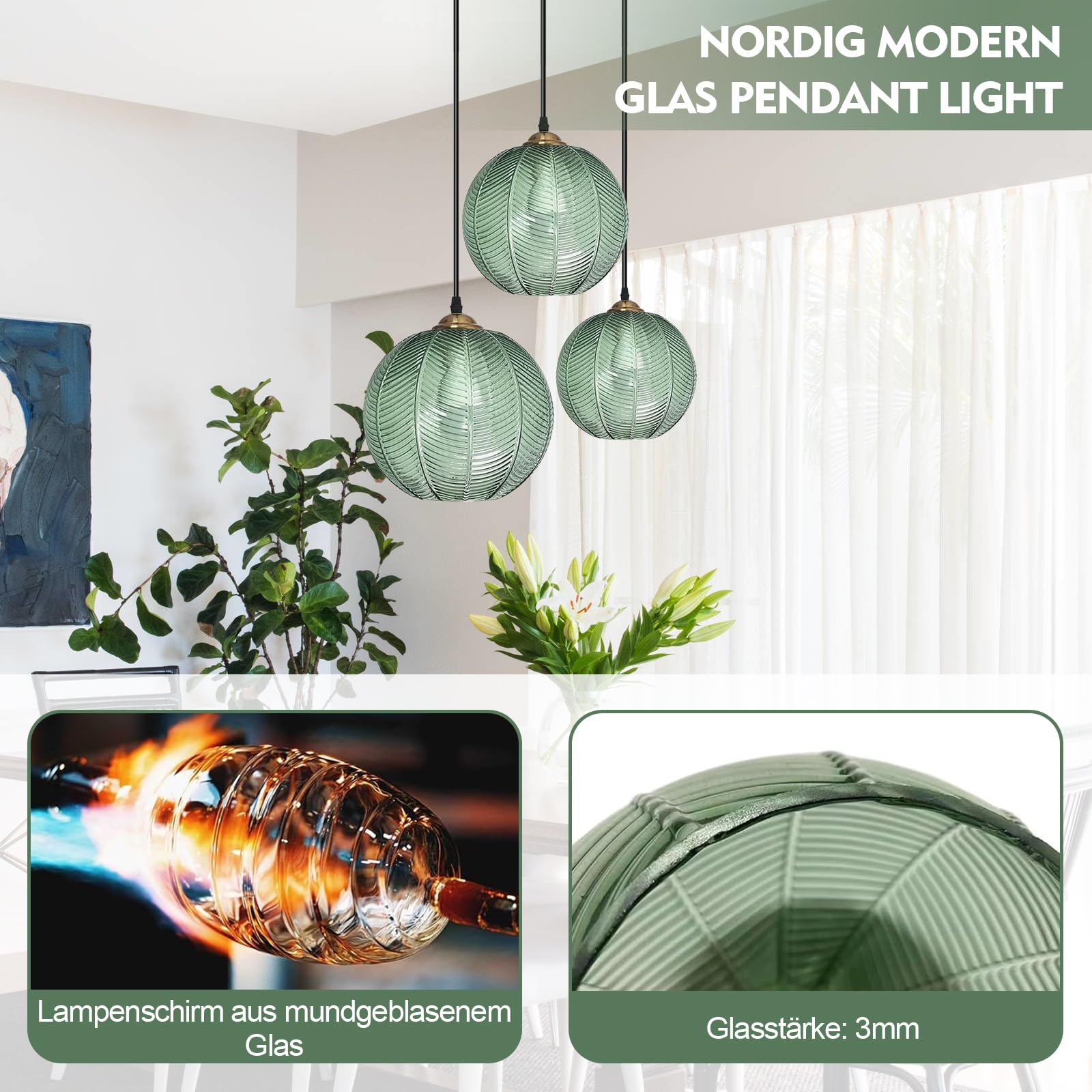 Genérico Lámpara Colte De Tres Brazos con Pantalla De Cristal Verde, Altura Regulable, Pantalla De Cristal Texturizado, Certificación Ul, Apta para Cocina, Comedor Y Sala De Estar (3 Set)
