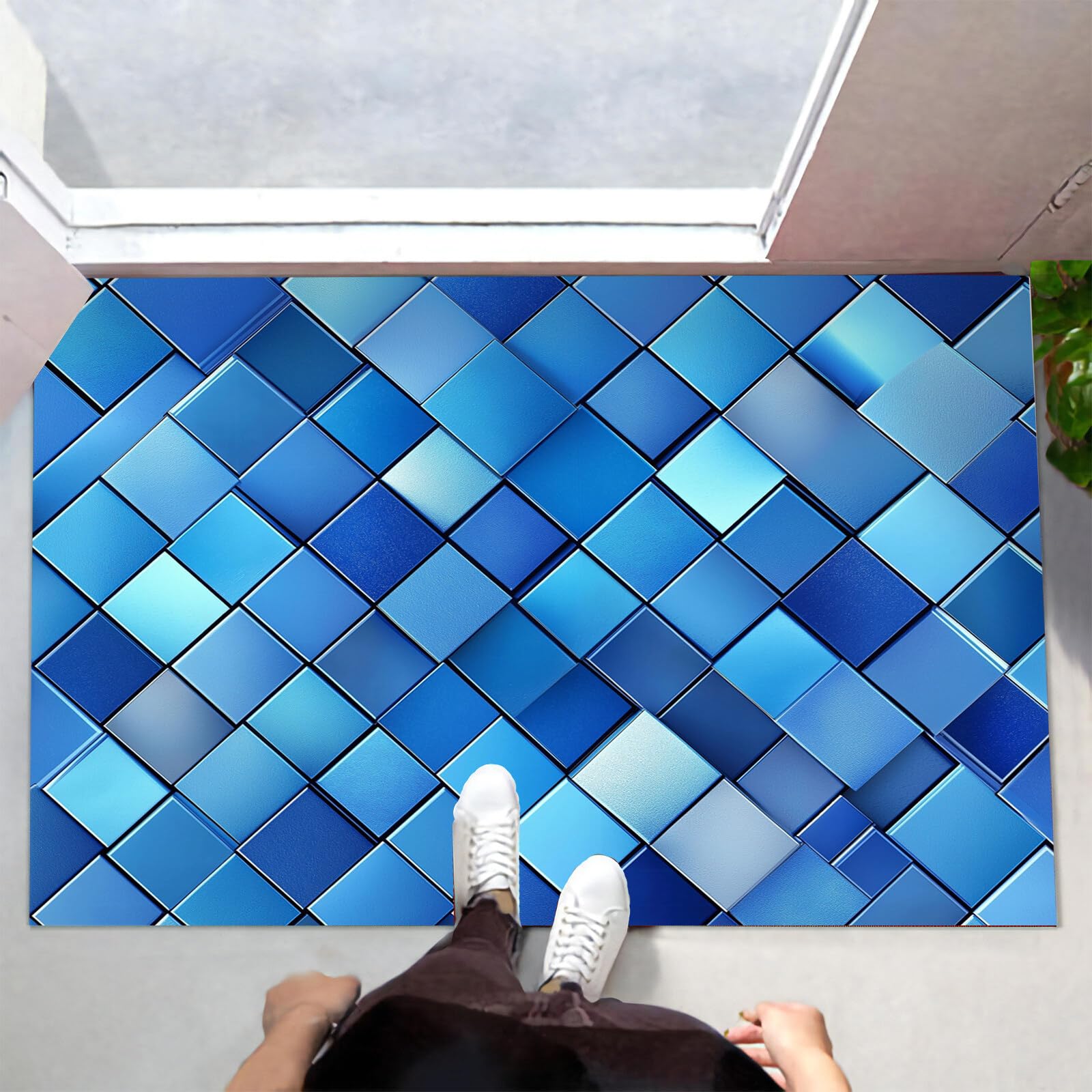 Paillasson d'entrée moderne 70x100cm bleu rectangulaire antidérapant et lavable