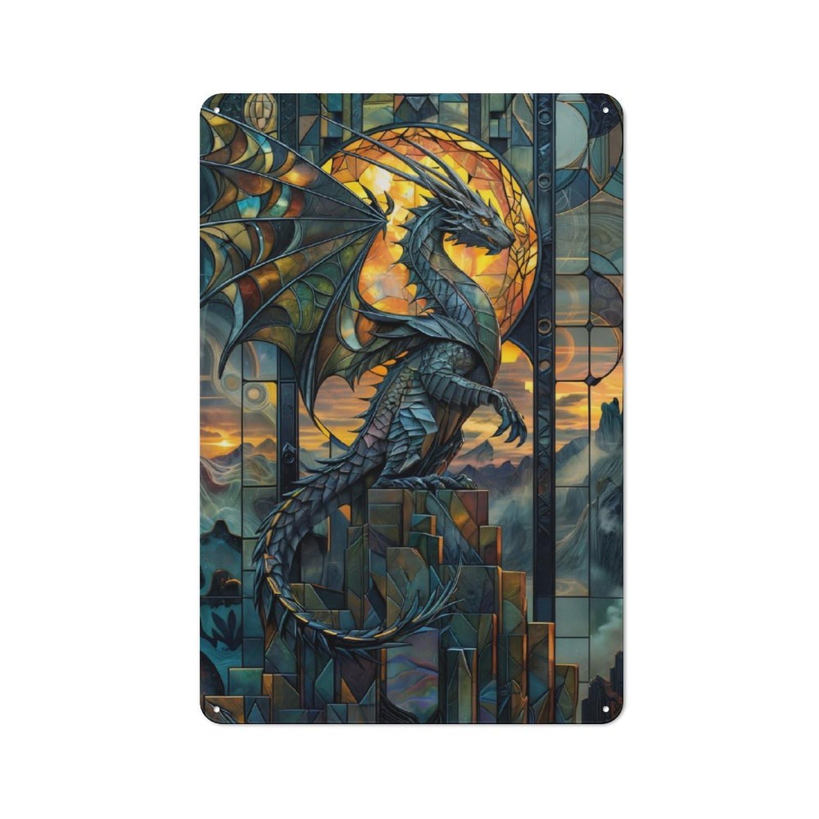 Junmoney Stained Glass Dragon Majes Workshop Style Garage Metal Sign 30X20cm Featuring Industrial Wall Art For Garage, Hobby Room, Office Or Man Cave