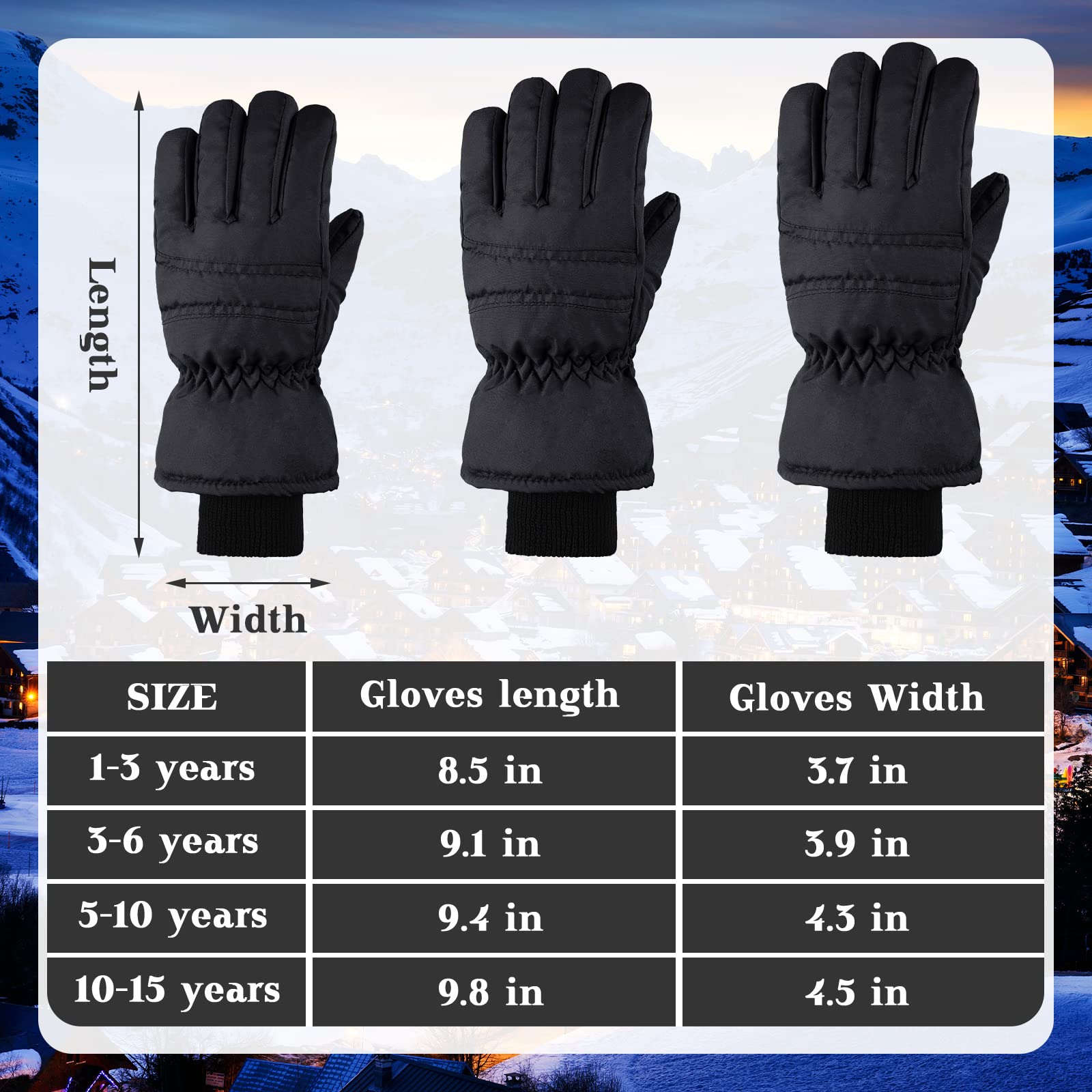 2 Paires Gants de Ski d'Hiver pour Enfants Mitaines de Neige à Doigts Complets Imperméables (Noir et Bleu Marine, 3-6 ans)