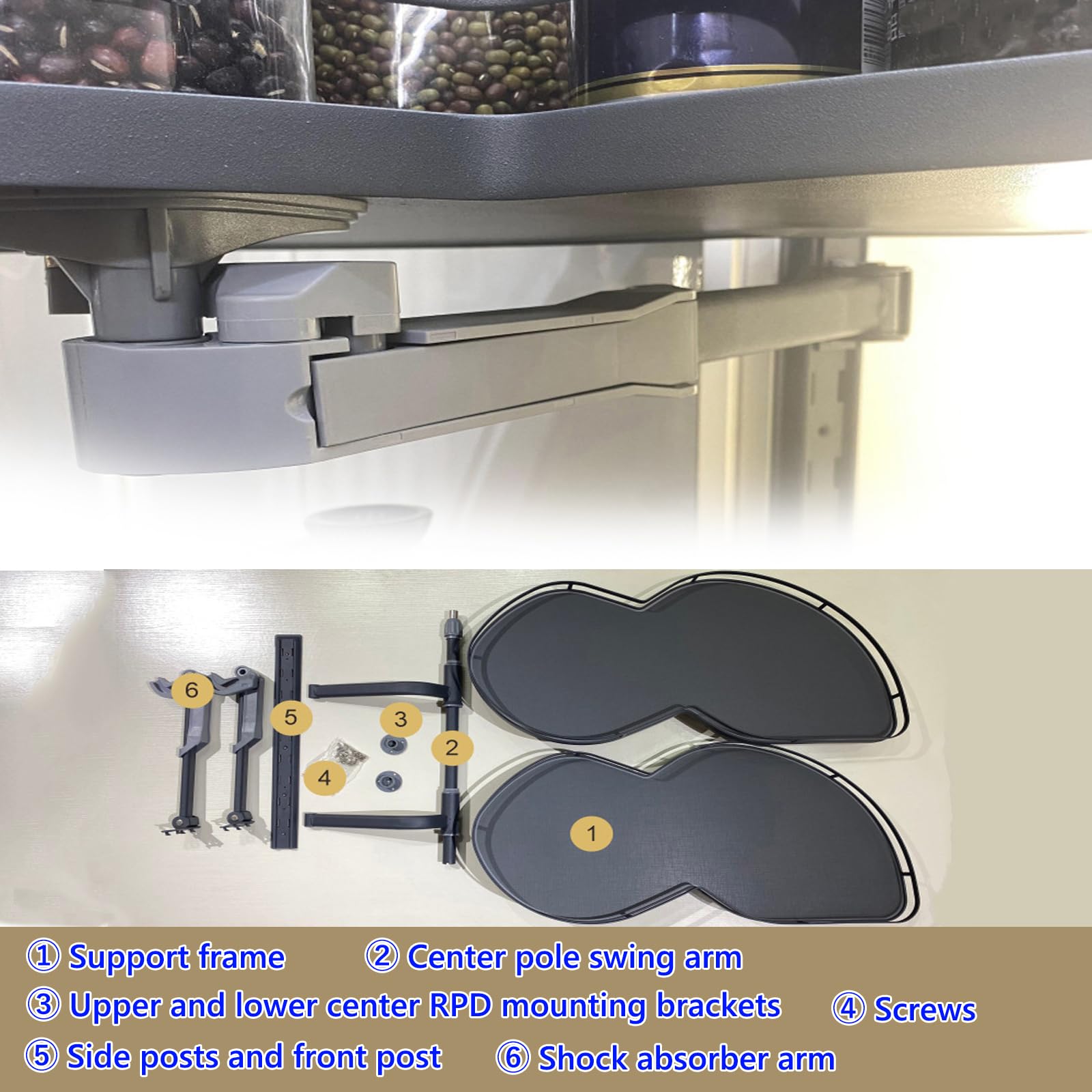 Organizador extraíble para Esquina ciega de gabinete de Cocina, Armario de Esquina con 2 estantes giratorios,Bandeja de Gabinete de Esquina Ciega, con Cesta extraíble amortiguada