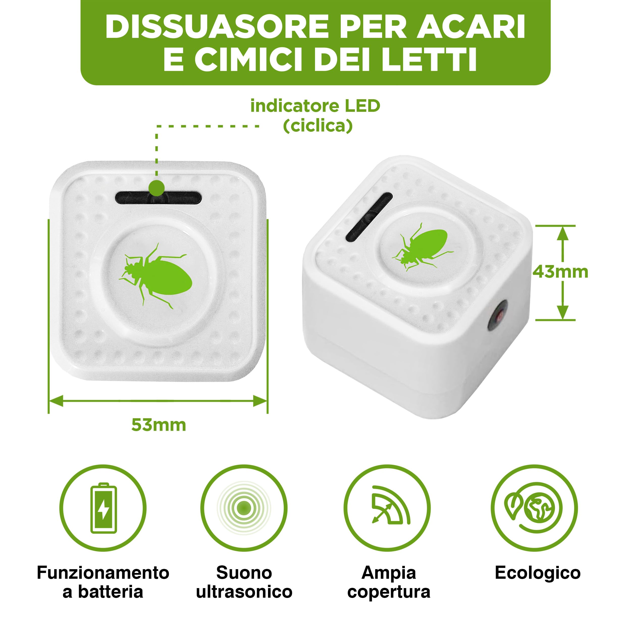ISOTRONIC repellente acari ultrasuoni cimici letti protezione batteria raggio 30m² 2 unità elimina senza sostanze chimiche efficace interno casa camera materasso difesa anallergico stop parassiti