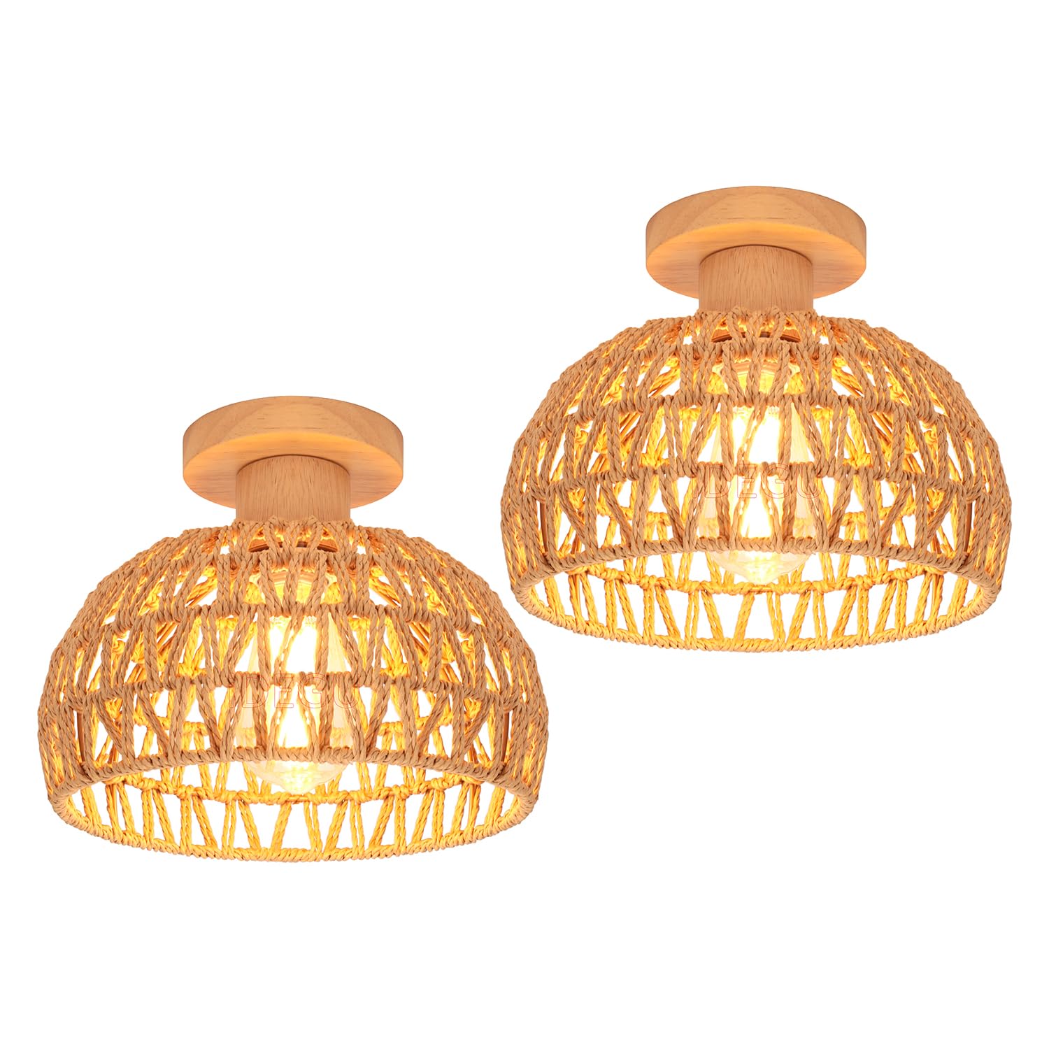 iDEGU 2 Pezzi Lampade da Soffitto in Legno 25cm Paralume Rattan Stile Boho Lampadario da Soffitto E27 Illuminazione Retrò Plafoniera Decorazione per Camera da Letto Ingresso Corridoio Caffè (Marrone)