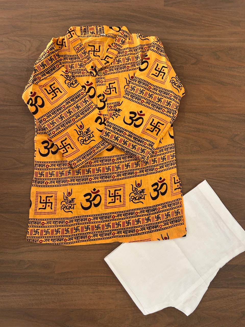 NiAK Om Print Cotton Kurta Pyjama Set, Traditional Indian Ethnic Wear with White Pyjama, Festival Casual Wear (Yellow, 1-2 Years) 2