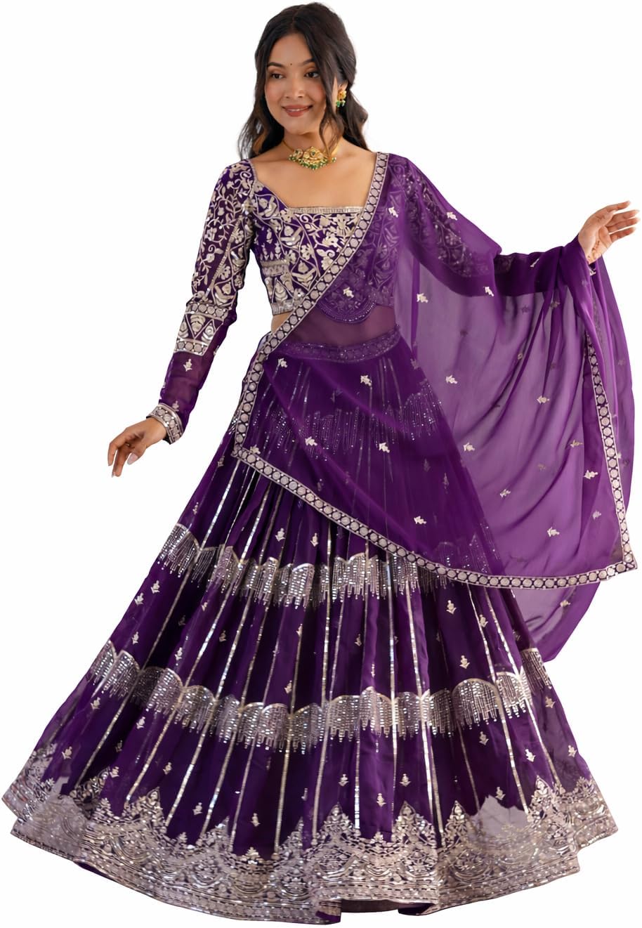 Women Faux Georgette Embroidered Lehenga Choli Set with Sequin Work & Dupatta | Stitched Lehenga Up to Size 44