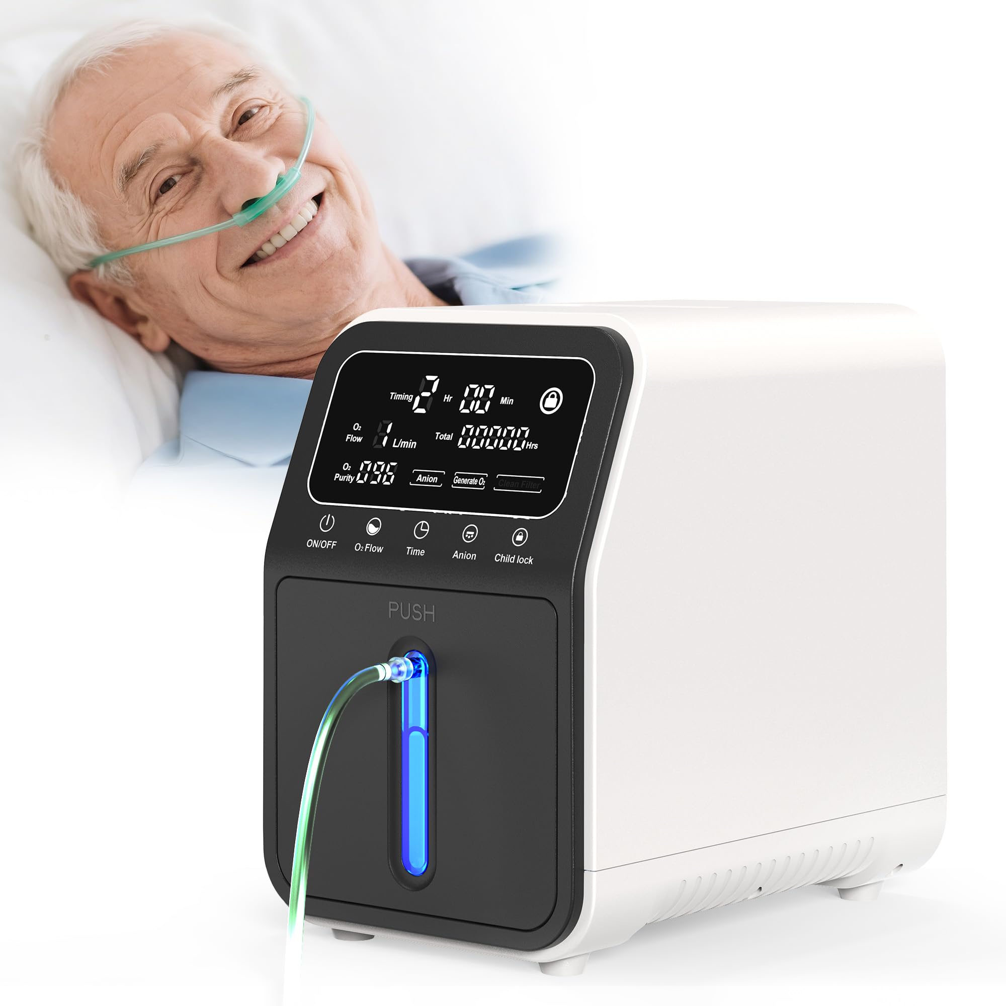 Sauerstoffgerät für Zuhause, Sauerstoff 30% ~ 90% Reinheit 1-9L/min Durchfluss, Remote Sauerstoffkonzentrator für Zuhause, Sauerstoff & Inhalation 2-in-1, 4-Stunden-Timer