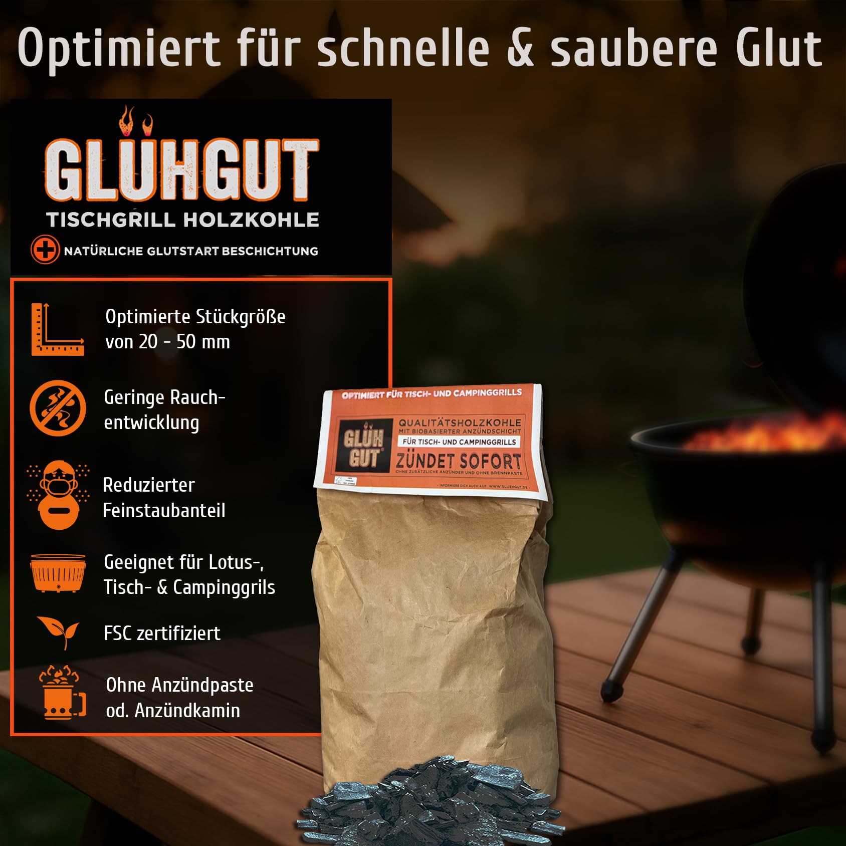 Tischgrill-Holzkohle 1kg x 6 (6 KG) – 6kg Holzkohle mit Anzündbeschichtung – extra kleine Körnung 20–50mm – sofort einsatzbereit, raucharm, ideal für unterwegs, ideal für Lotus Grill, Balkon