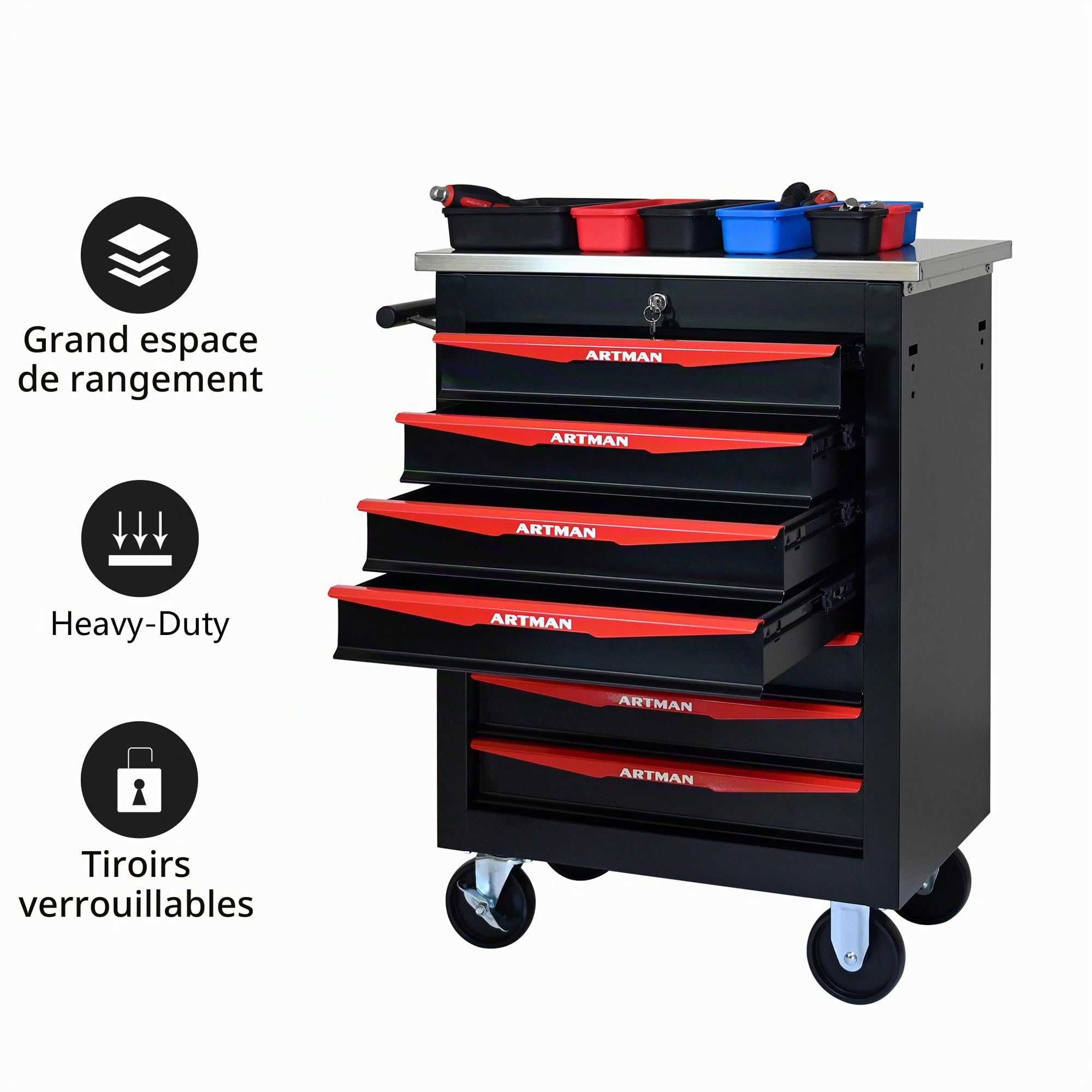 Boîte à outils à rouler avec tiroirs, Armoire de stockage d'outils en acier avec poignée, Roues verrouillables, Boîte d'organisateur d'outils pour atelier de garage (noir rouge,7 Tiroir)