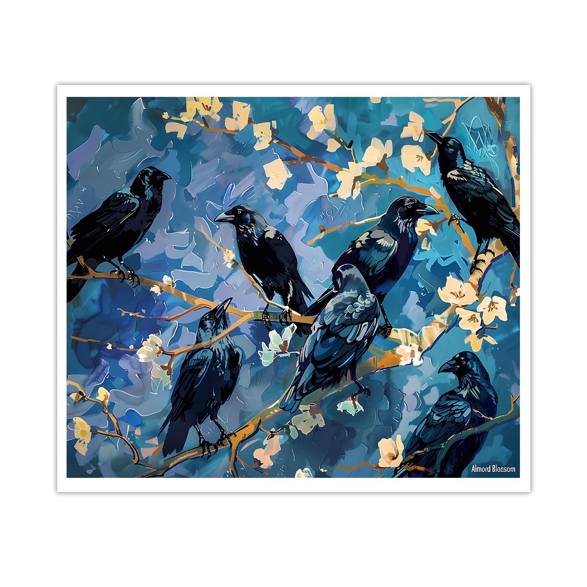CHERHERART Black Crows Blossom Branch Leinwand Wandkunst Goldene Zweige Blumen Posterdrucke für gotisches Arbeitszimmer Wohnzimmer Blumenvögel Leinwanddekoration 80x100 cm ohne Rahmen