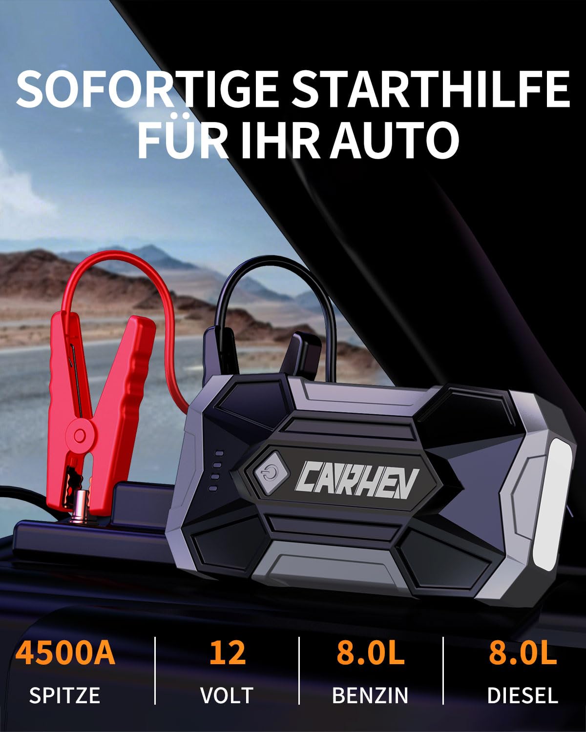 CARHEV Starthilfe Powerbank für Pkw, 4500A Starter Powerbank (Bis Zu 8,0L Benzin Oder 8,0L Diesel), Booster Auto Starthilfe mit LED, Jump Starter mit Starthilfekabel und 2 USB Ausgänge