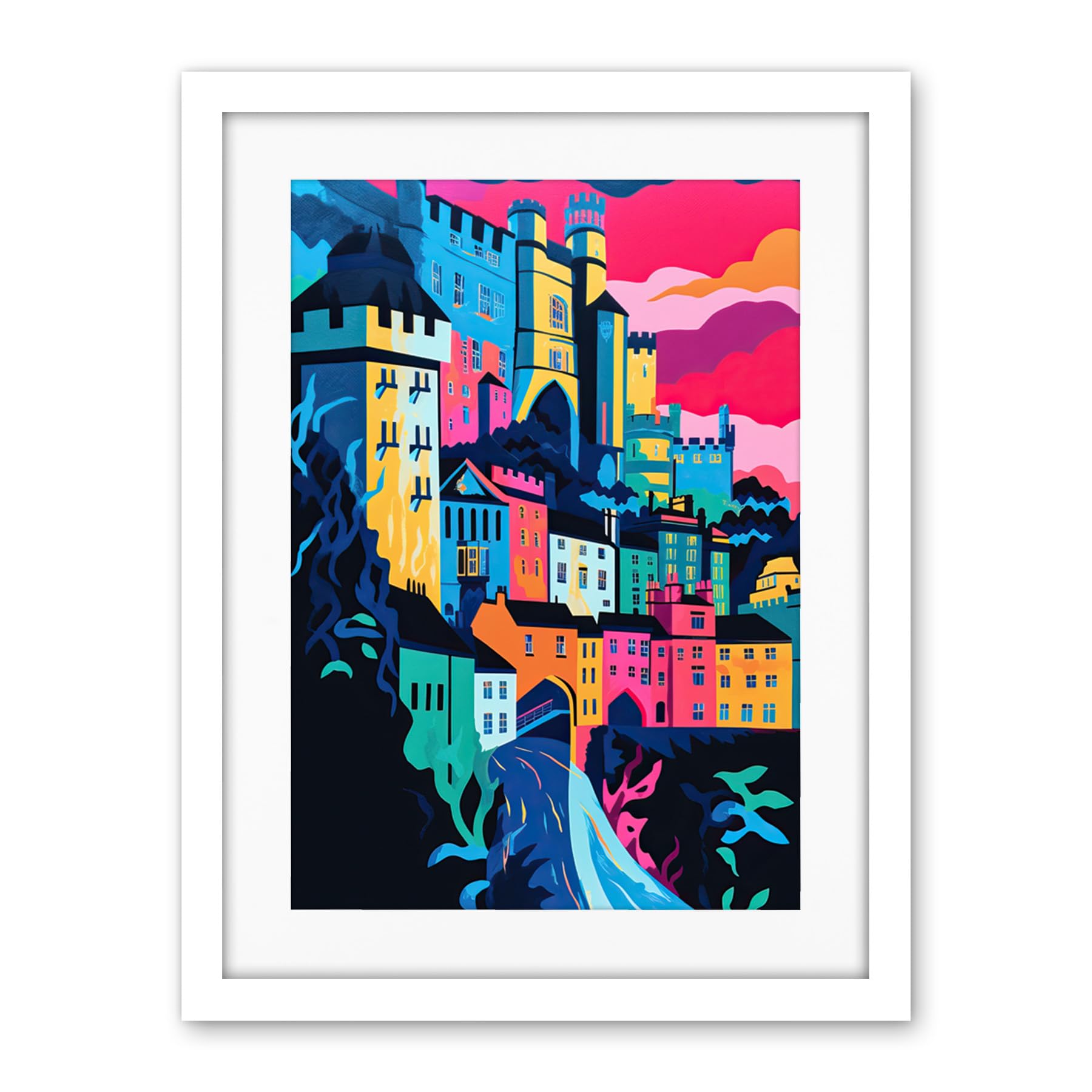 Artery8 Nottingham City Vibrant Abstract Pop Art Cityscape Artwork Framed Wall Art Print 18X24 Inch