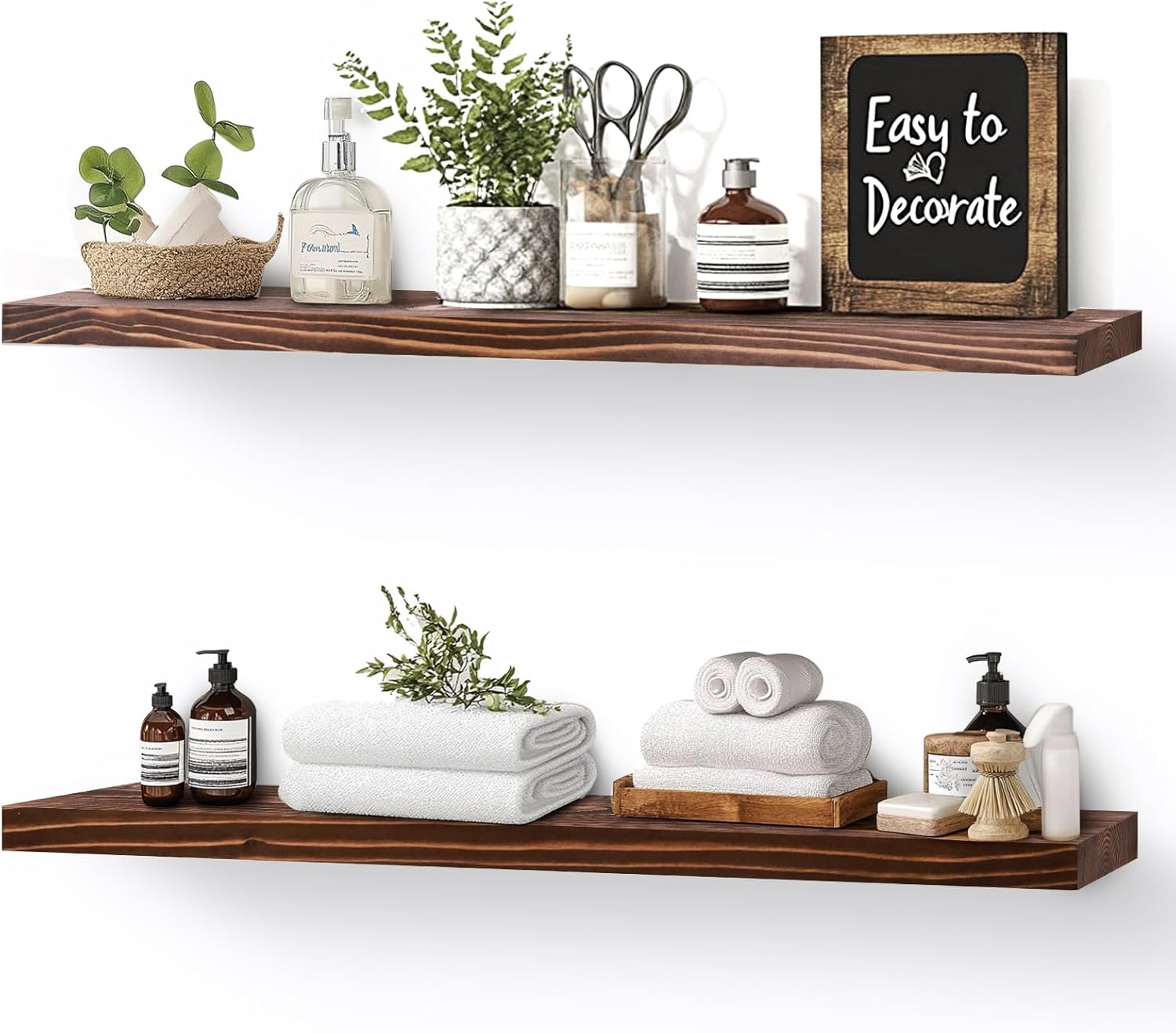 Floating Wall Shelves 2-Pack - 24-Inch Rustic Brown Wooden Shelves for Storage and Décor, Easy Installation for Living Room, Bedroom, and Kitchen 24"-Set of 2 Brown
