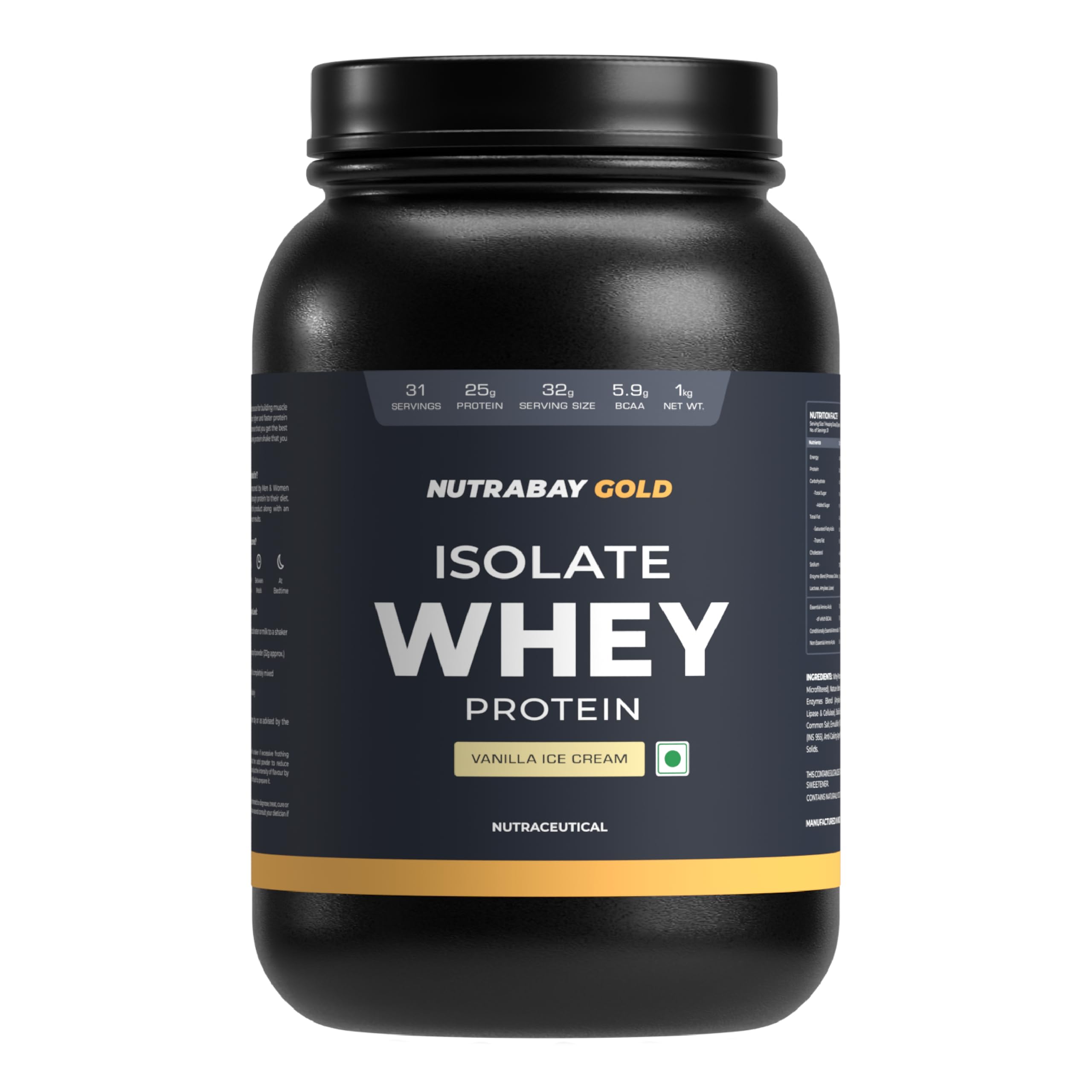 Nutrabay Gold Whey Protein Isolate Powder 25g Protein, 5.9g BCAA per Serving, Easy to Digest, NABL Lab Tested – Muscle Growth & Recovery – 1kg, Vanilla Ice Cream|100% Authentic Clean Protein