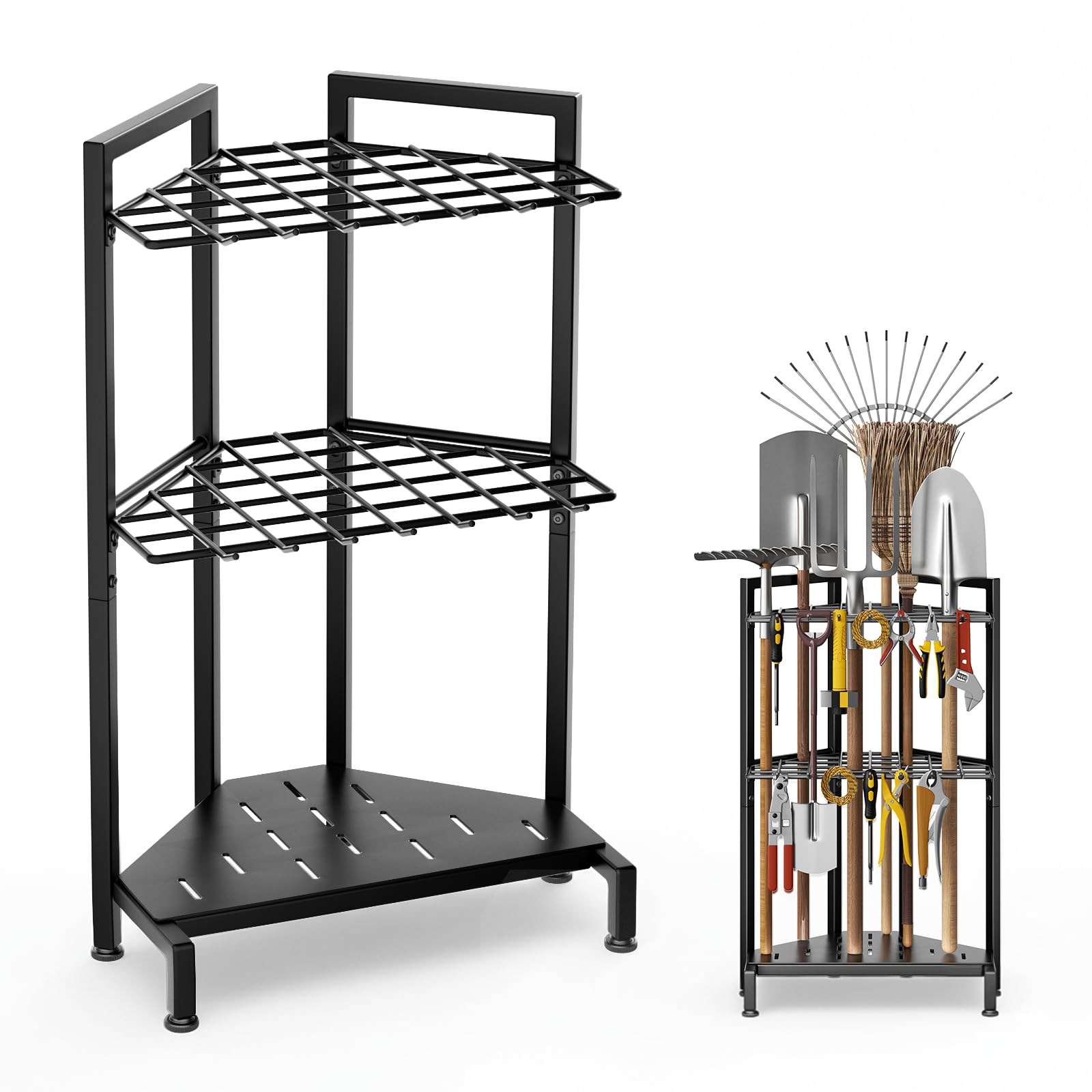 Gartengeräte-Organizer mit 3 Ebenen aus Metall, Lagerung für Schuppen, Gartengeräte mit langen Stielen, Rechen, Besen, Garage, Patio, Terrasse, Innen und Außen