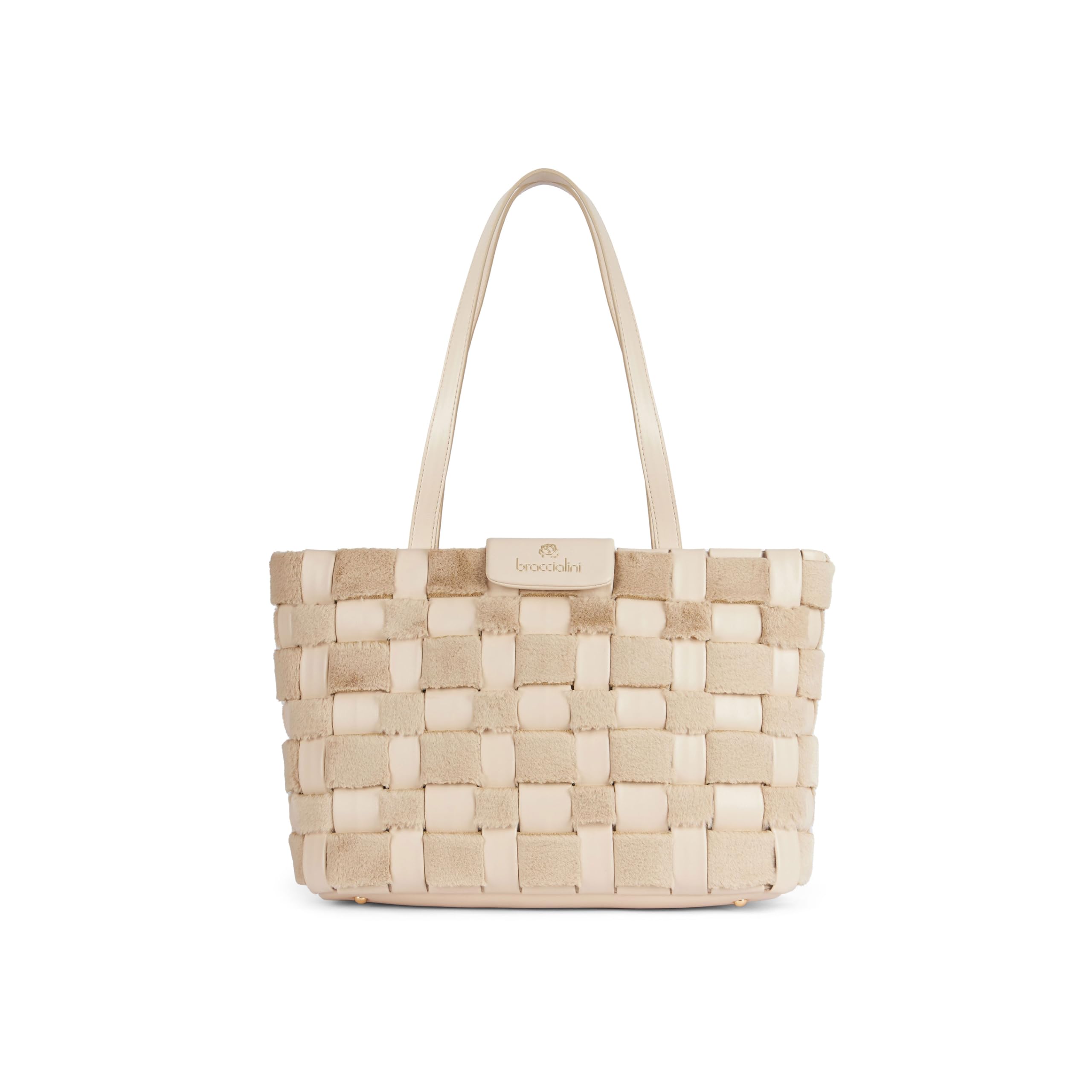 Braccialini Icons Shopping bag resa unica dall'intreccio di similpelle ed eco-pelliccia tono su tono.