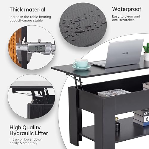 Miniatura 7 de FDW Mesa de Centro Elevable de 39.4 pulgadas con Compartimento Oculto y Estante de Almacenamiento, Tablero de Madera Elevable para Hogar, Sala de
