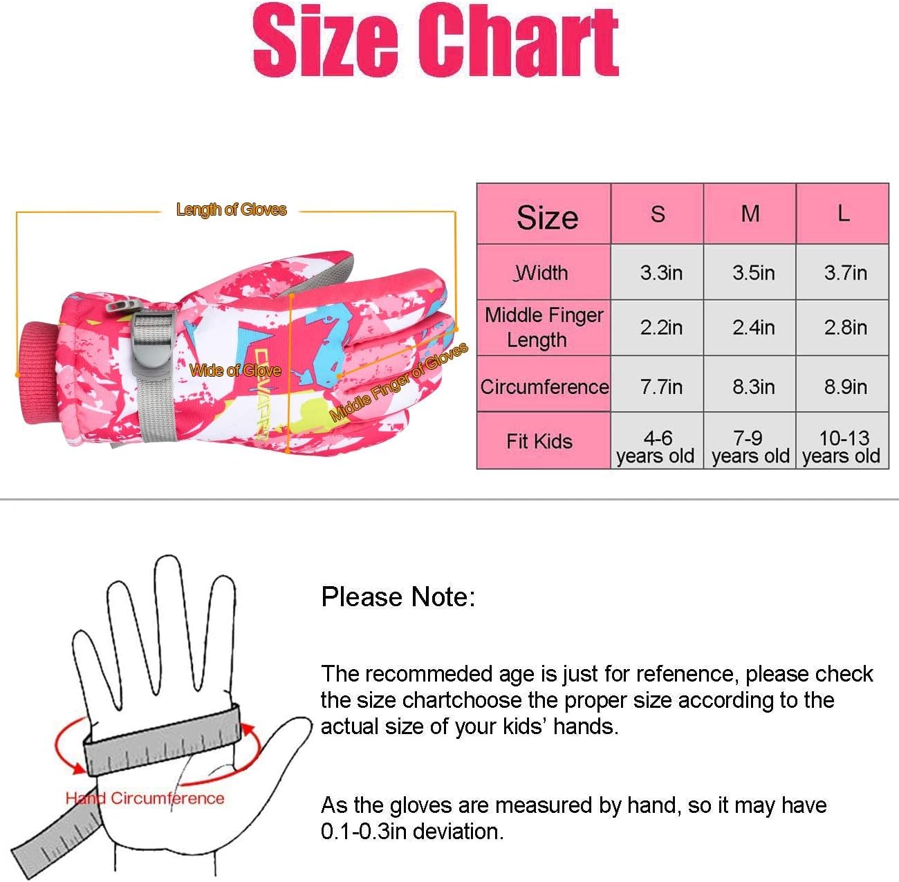 COMENOLE Kids Ski Gloves Winter Warm Snow Gloves Waterproof Cold Weather Gloves for Boys Girls Skiing Snowboarding Sledding(Pink,Small) : Clothing, Shoes & Jewelry