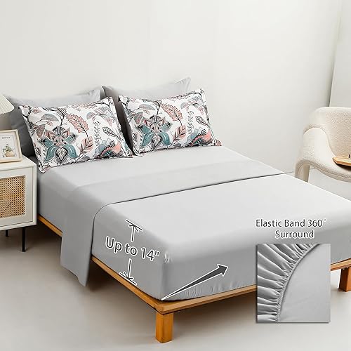 Miniatura 4 de Dinjoy Juego de edredón floral tamaño Queen de 7 piezas en una bolsa, color gris quemado, hojas botánicas, ramas y mariposas (1 edredón, 1 sábana