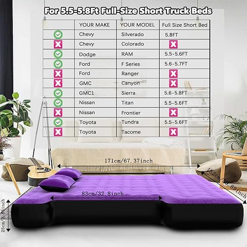Miniatura 10 de Colchón de aire inflable para cama de camioneta, cama de aire inflable para camas cortas de 5.5 a 5.8 pies con cable de bomba de aire de 16.4 pies,