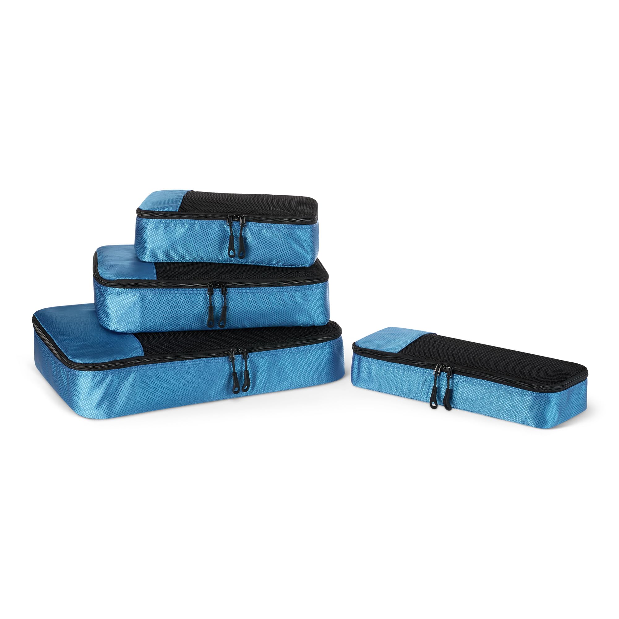 Amazon Essentials, Set di 4 Packing Cube, Accessori da Viaggio, Organizer per Bagagli con Doppia Cerniera, Parte Superiore in Rete, 100% Poliestere, S/M/L/Slim, Blu Cielo (in Precedenza Amazon Basics)