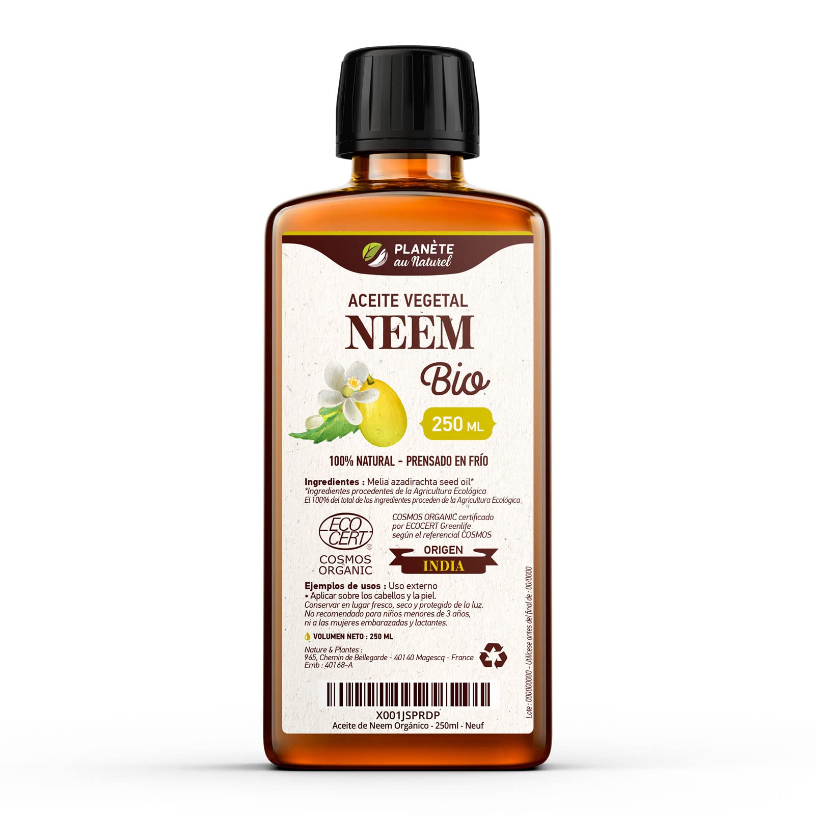 Aceite de Neem Orgánico 250 ml - 100% Puro, Natural y Prensado en Frío - Certificado Cosmos Organic - Planète au Naturel - Piel, Cabellos, Plantas