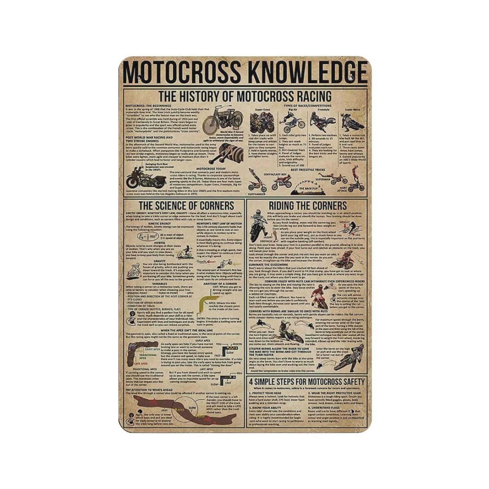AOOEDM Motocross Knowledge Metal Sign for Home Coffee Garage Wall Decor Vintage Poster Bar Signs for Home Bar Retro Metal Tin Sign