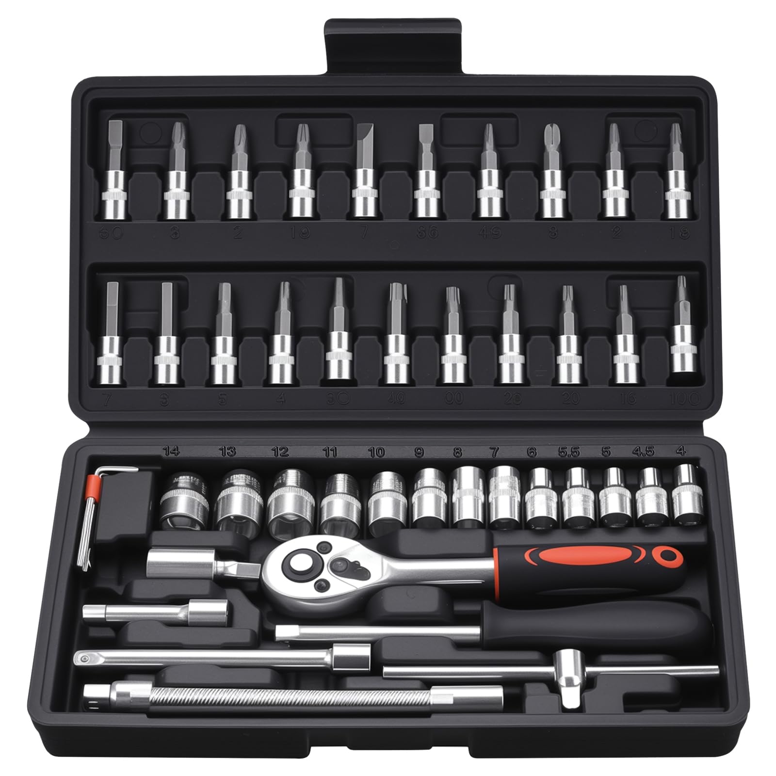 46 Pcs 1/4 Inch Drive Socket Set, Quick Clamp Socket Set with Reversible Ratchet for Home Car Repair