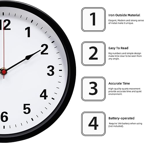 Miniatura 2 de LEIKE Reloj de pared de metal de 10 pulgadas, color negro, retro de cuarzo silencioso, funciona con pilas, decorativo para patio, cocina, sala de