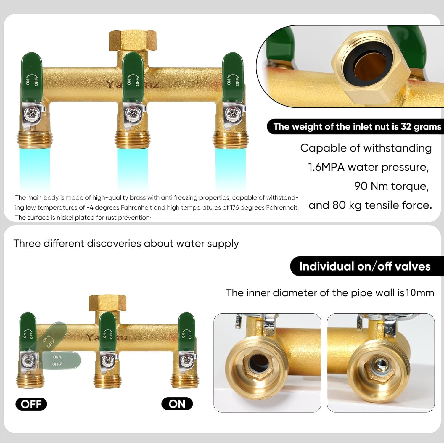 Garden Hose Splitter, 3/4” Rust and Freeze Resistant Outdoor Hose Manifold with 3 green Extra Long Handles Faucet Adapter-Heavy Duty Brass 3-Way Valve