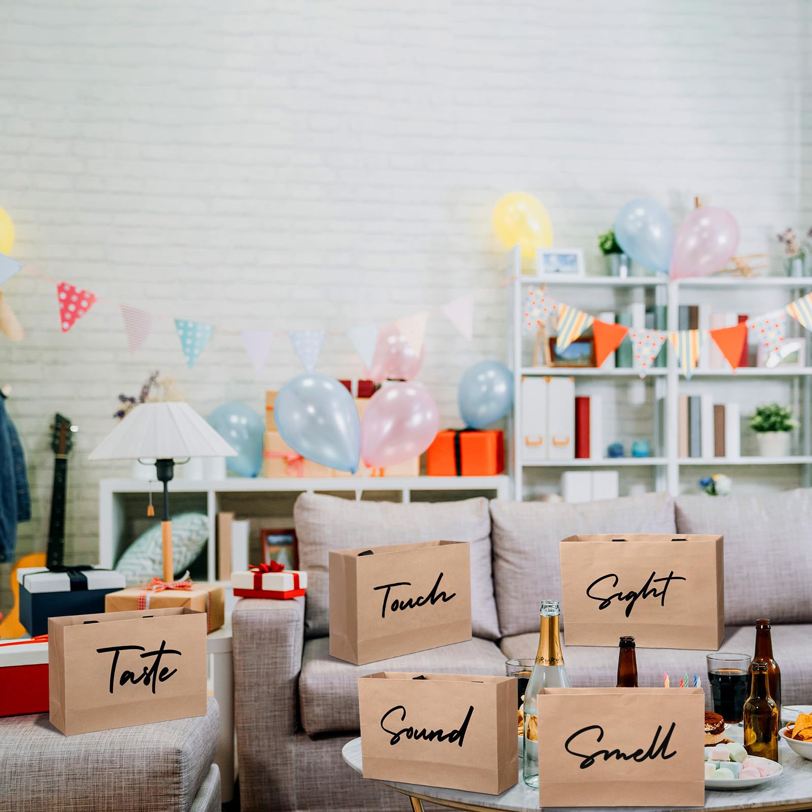 Kolldenn 5 Senses Gift Bags For Him Her With Ribbon Handles Sight Smell Touch Taste Sound Paper Gift Bags For Men Women Birthday Valentine Wedding Anniversary Party(Brown,12.6 X 8.7 X 4