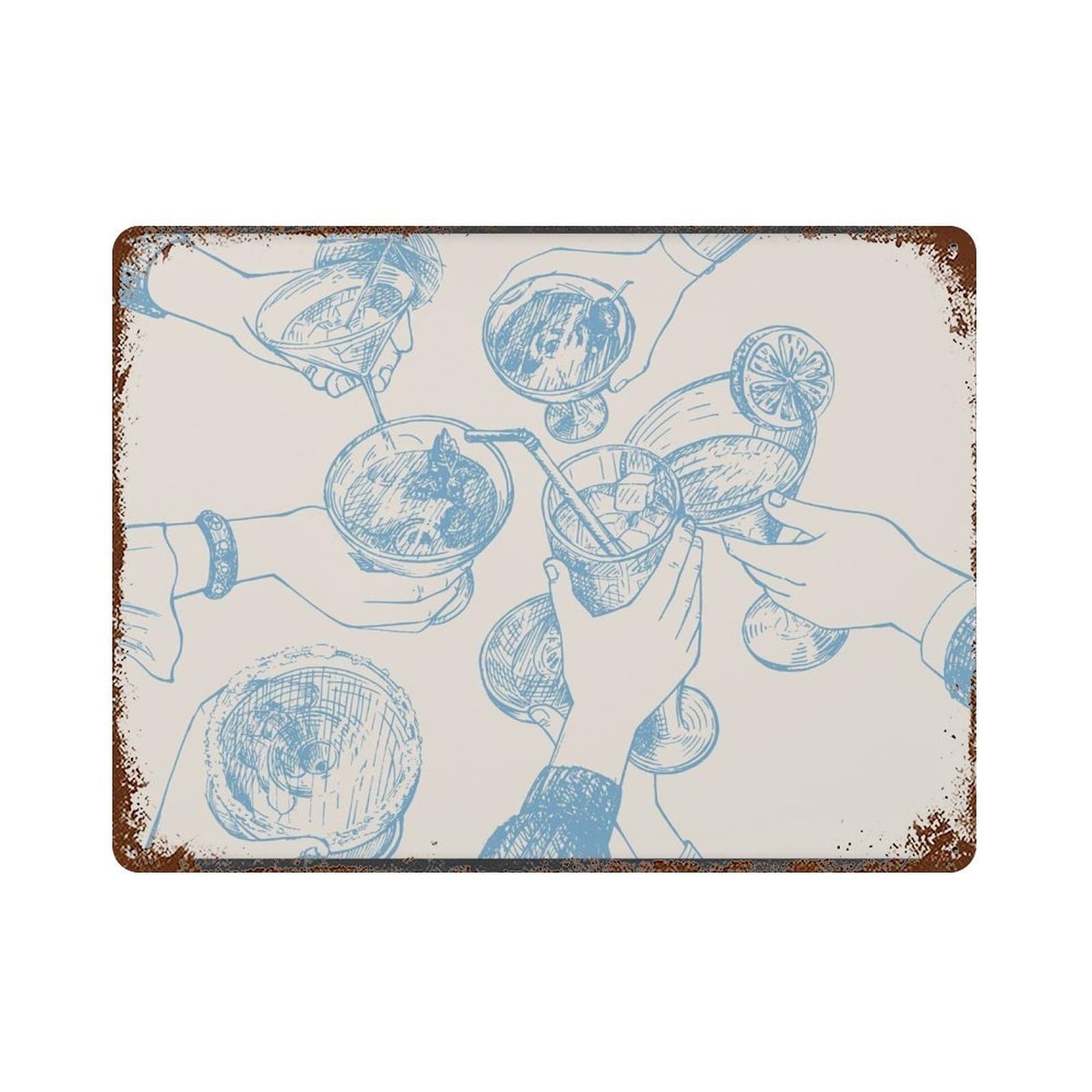 xiaoxiaoshen Retro Cocktail Toast Lines, Blue Sketch-style Drink Wall Decor Art Metal Tin Poster Modern Home Decor Art Home Bar Shop Decorations Vintage Sign 30x40cm