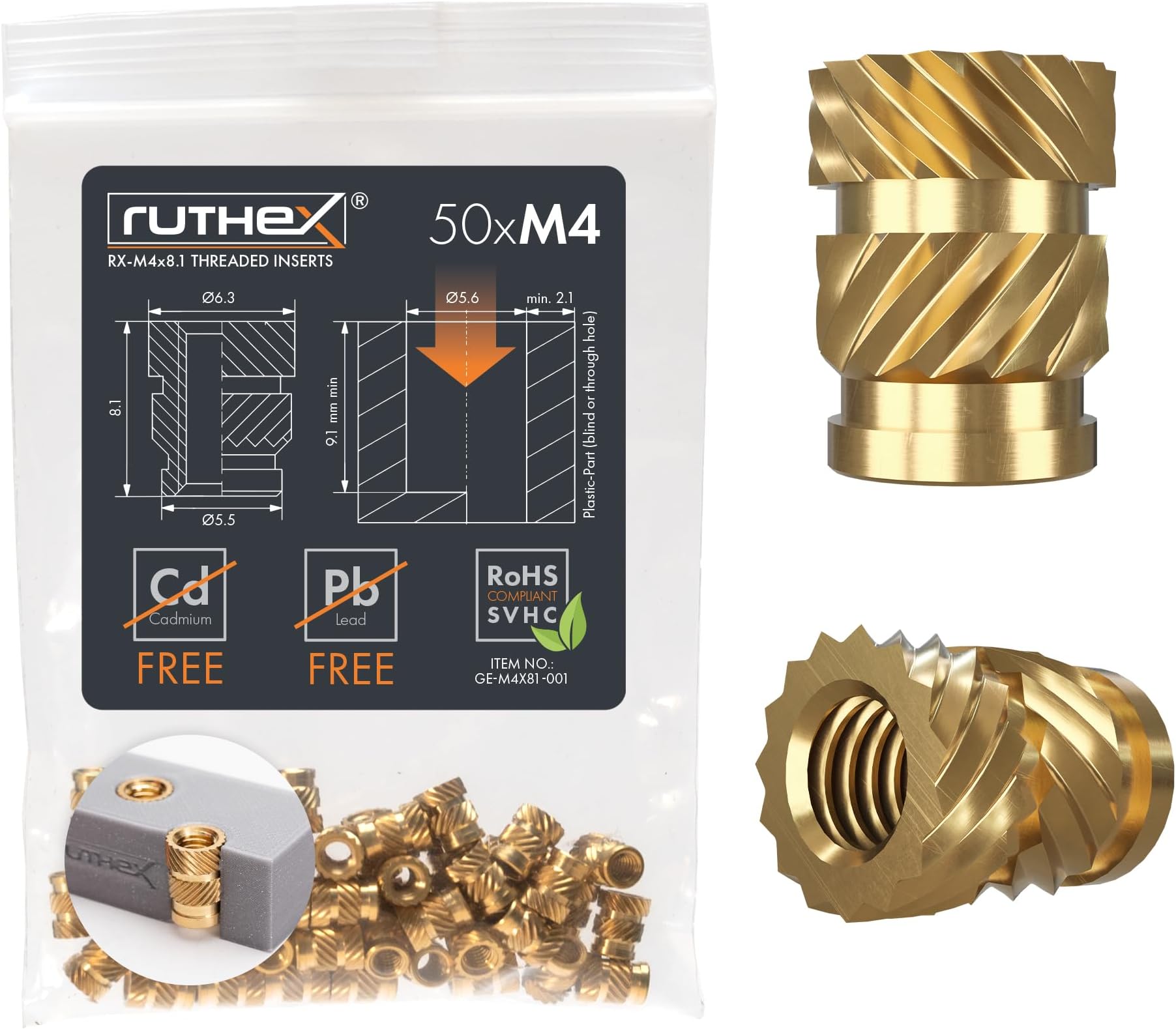 ruthex M4 Threaded Inserts - 50 Pieces RX-M4x8.1 Brass Heat Set Insert for Pl...