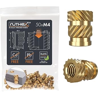ruthex  threaded insert M4 50 pieces RX-M4x81 Brass threaded bushes Press-fit nut for plastic parts by heat or ultrasound in 3D printer parts