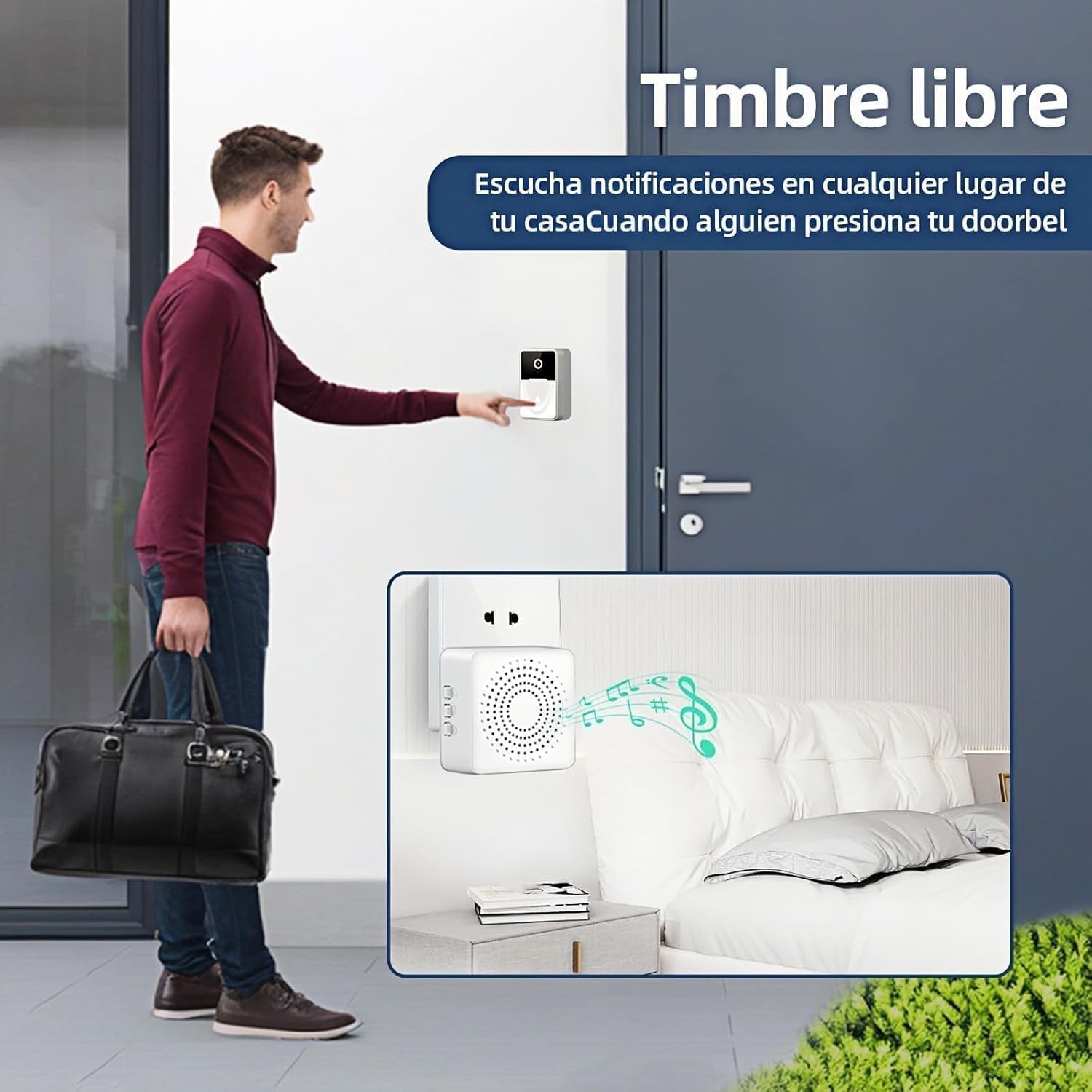 Genérico VideotimbreTimbre Inalámbrico con 2.4GHz WiFi, 1080p HD Vídeo Timbre Puerta Inteligente con Cámara, Visión Nocturna, Audio bidireccional, Instalación Fácil por App Cuenta Propia