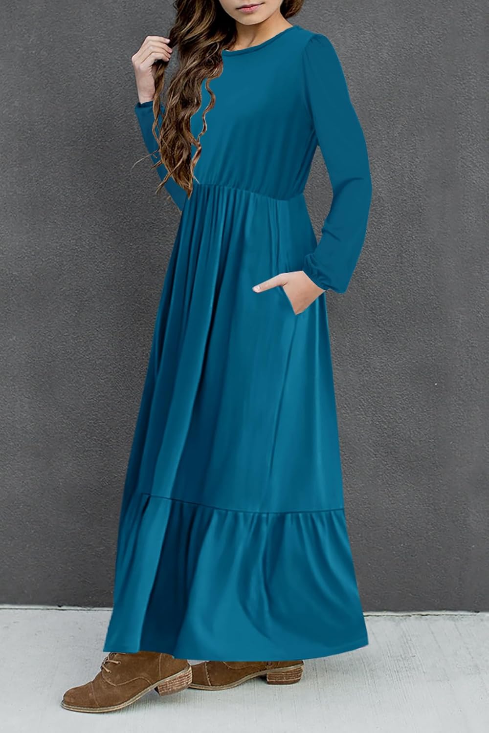 HOSIKA Girls Maxi Dress Lantern Long Sleeve Loose Flowy Tiered Casual Holiday Dresses with Pockets for 6-12 Y - Image 3