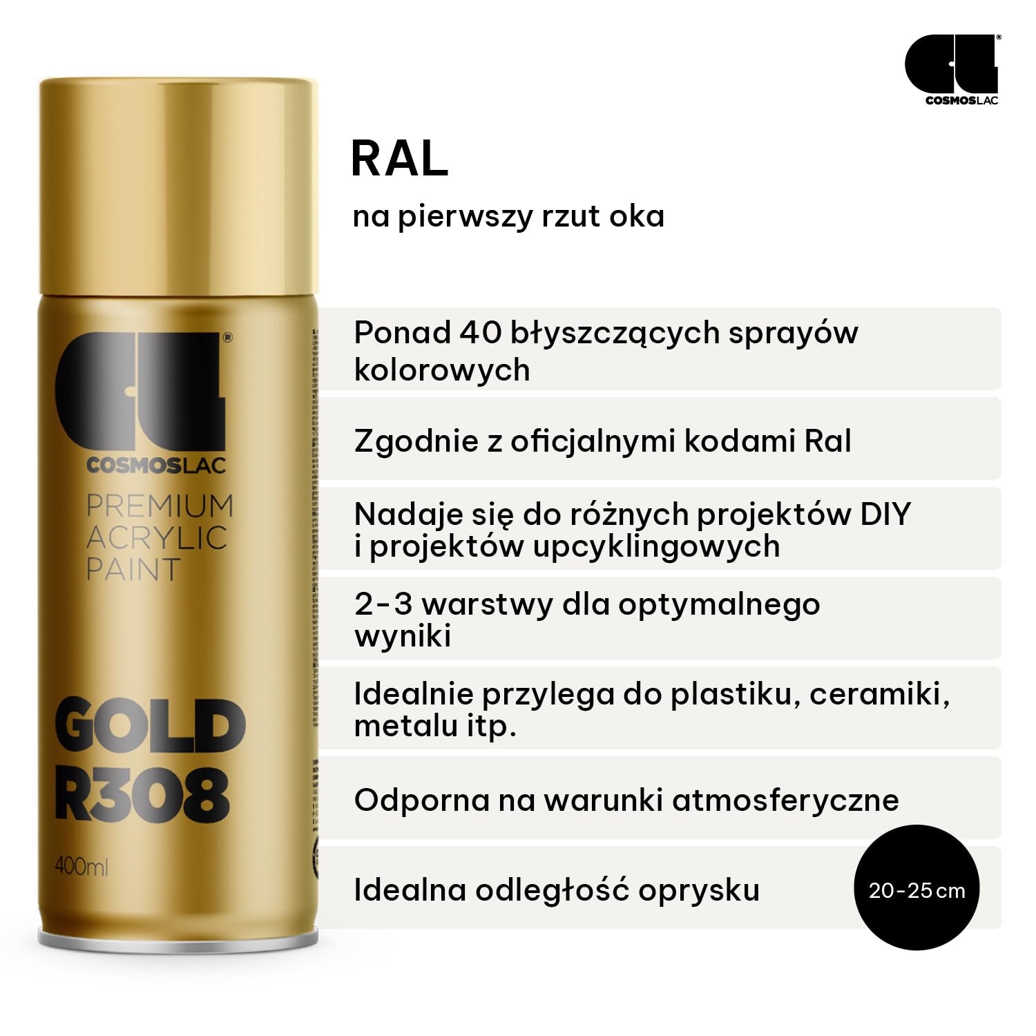 CL COSMOS LAC lakier w sprayu, złoty, błyszczący – farba w sprayu, farba DIY, farba akrylowa w sprayu do malowania tworzyw sztucznych, metalu itp. (złoty)